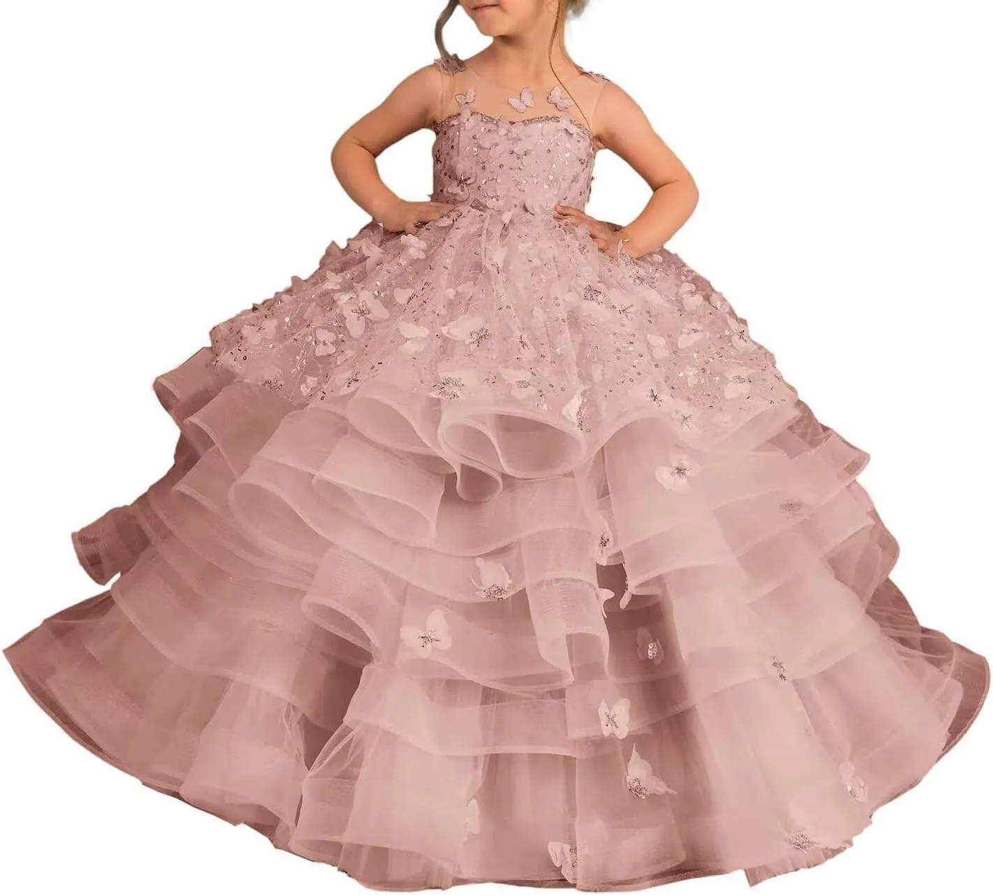 Flower Girl Dress Tulle Butterfly Appliques Pageant Dress for Girls Ruffle Layered Ball Gown First Communion Dress