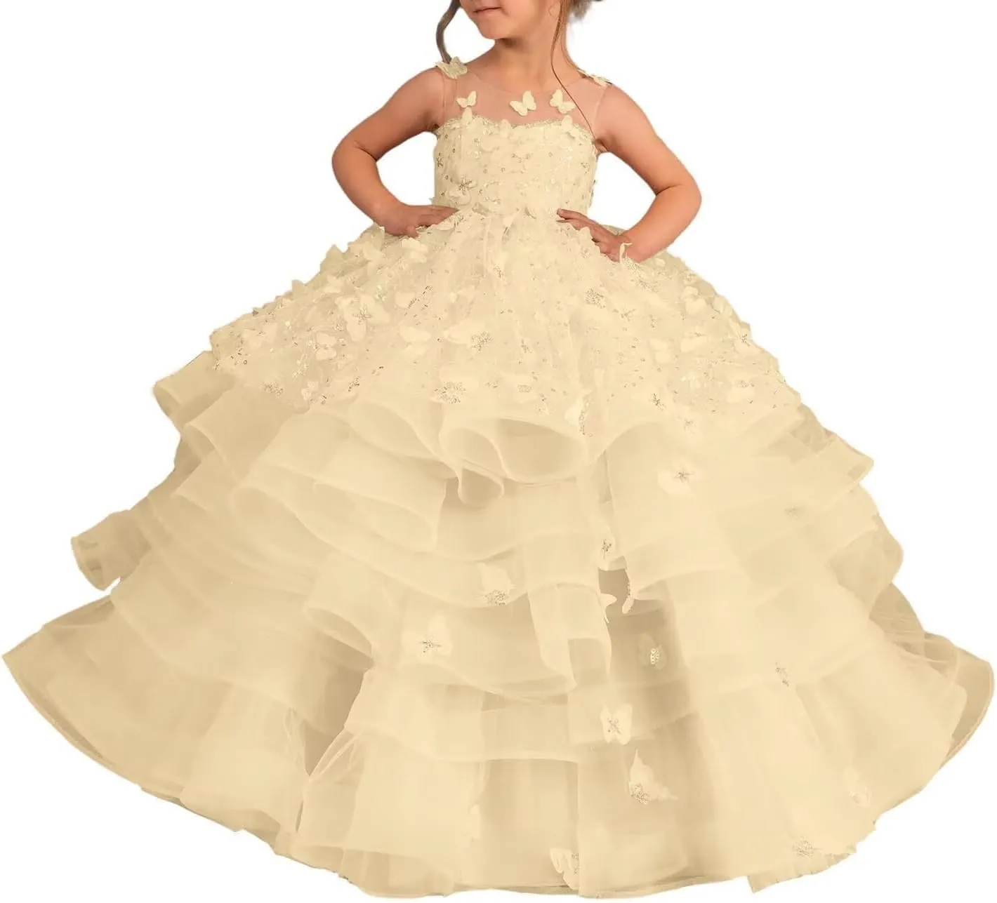 Flower Girl Dress Tulle Butterfly Appliques Pageant Dress for Girls Ruffle Layered Ball Gown First Communion Dress