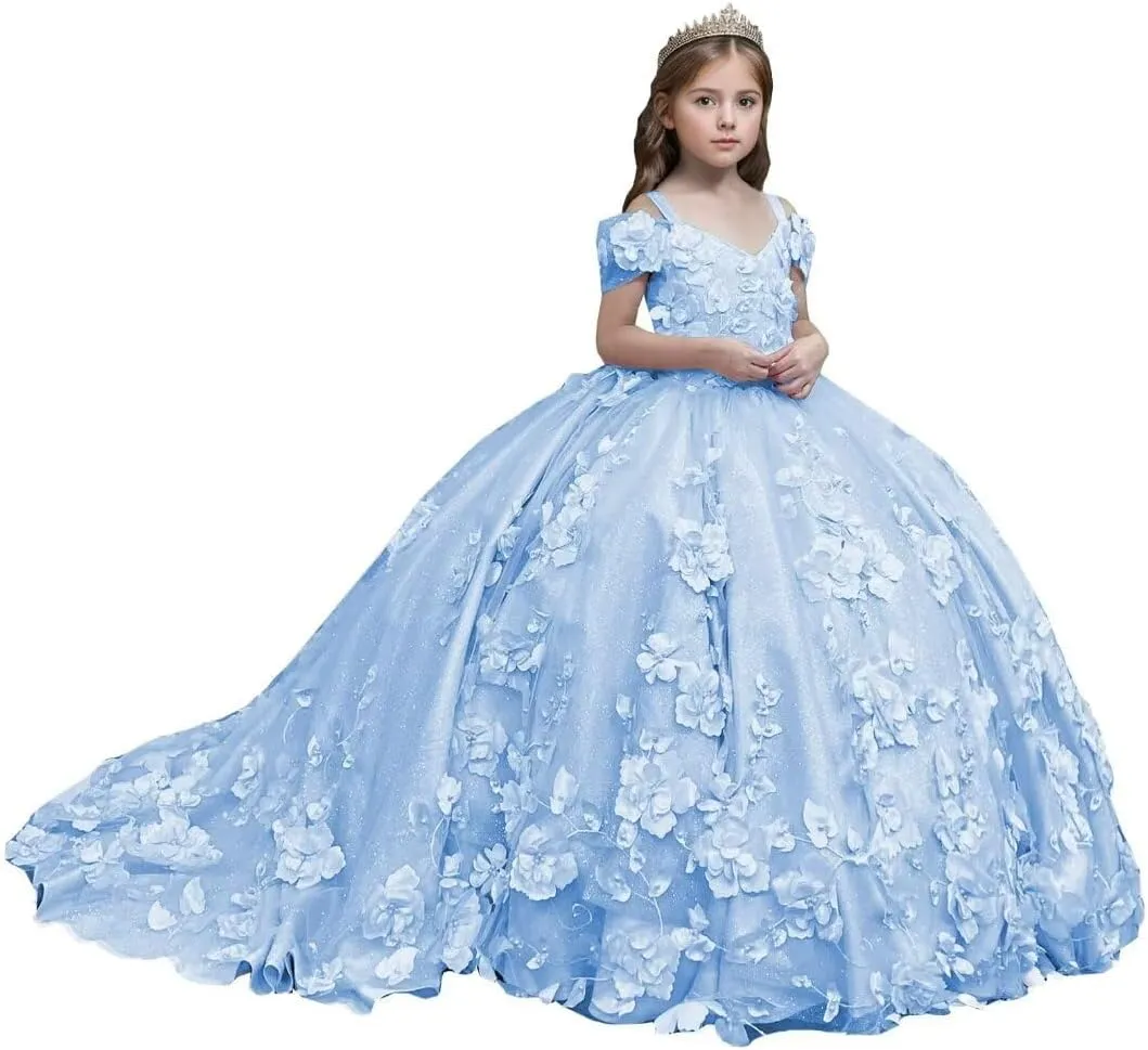Flower Girl Dresses Off Shoulder Kids Princess Pageant Dress Ball Gown for Girls 3D Floral First Communion Dresses