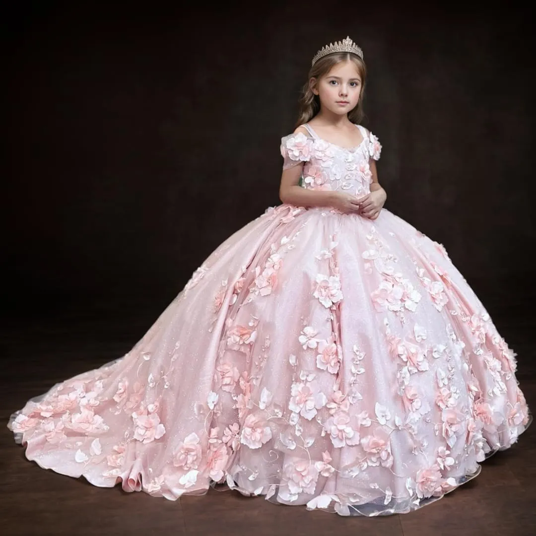 Flower Girl Dresses Off Shoulder Kids Princess Pageant Dress Ball Gown for Girls 3D Floral First Communion Dresses