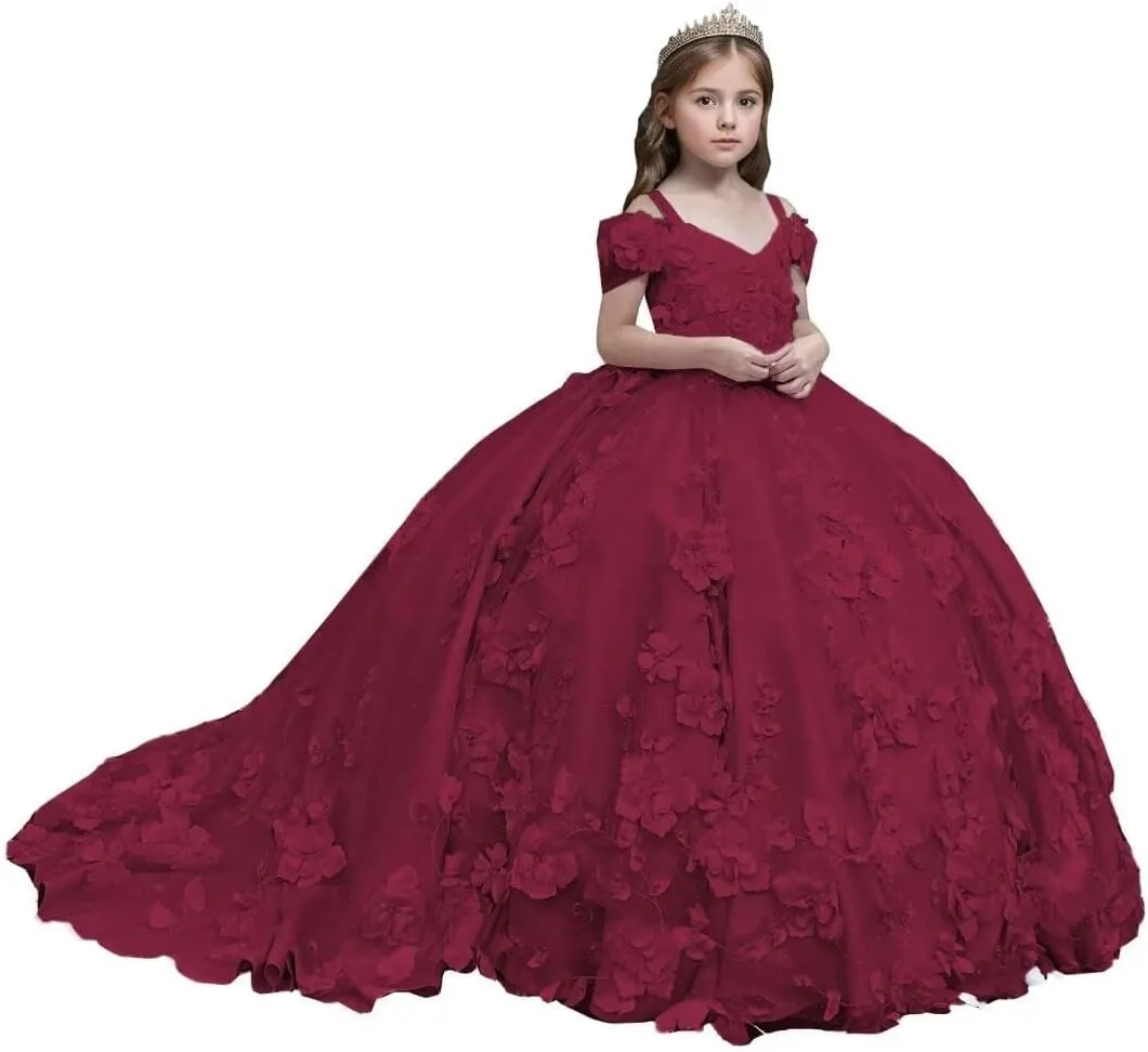 Flower Girl Dresses Off Shoulder Kids Princess Pageant Dress Ball Gown for Girls 3D Floral First Communion Dresses