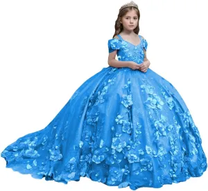 Flower Girl Dresses Off Shoulder Kids Princess Pageant Dress Ball Gown for Girls 3D Floral First Communion Dresses