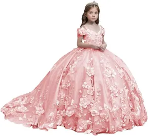 Flower Girl Dresses Off Shoulder Kids Princess Pageant Dress Ball Gown for Girls 3D Floral First Communion Dresses