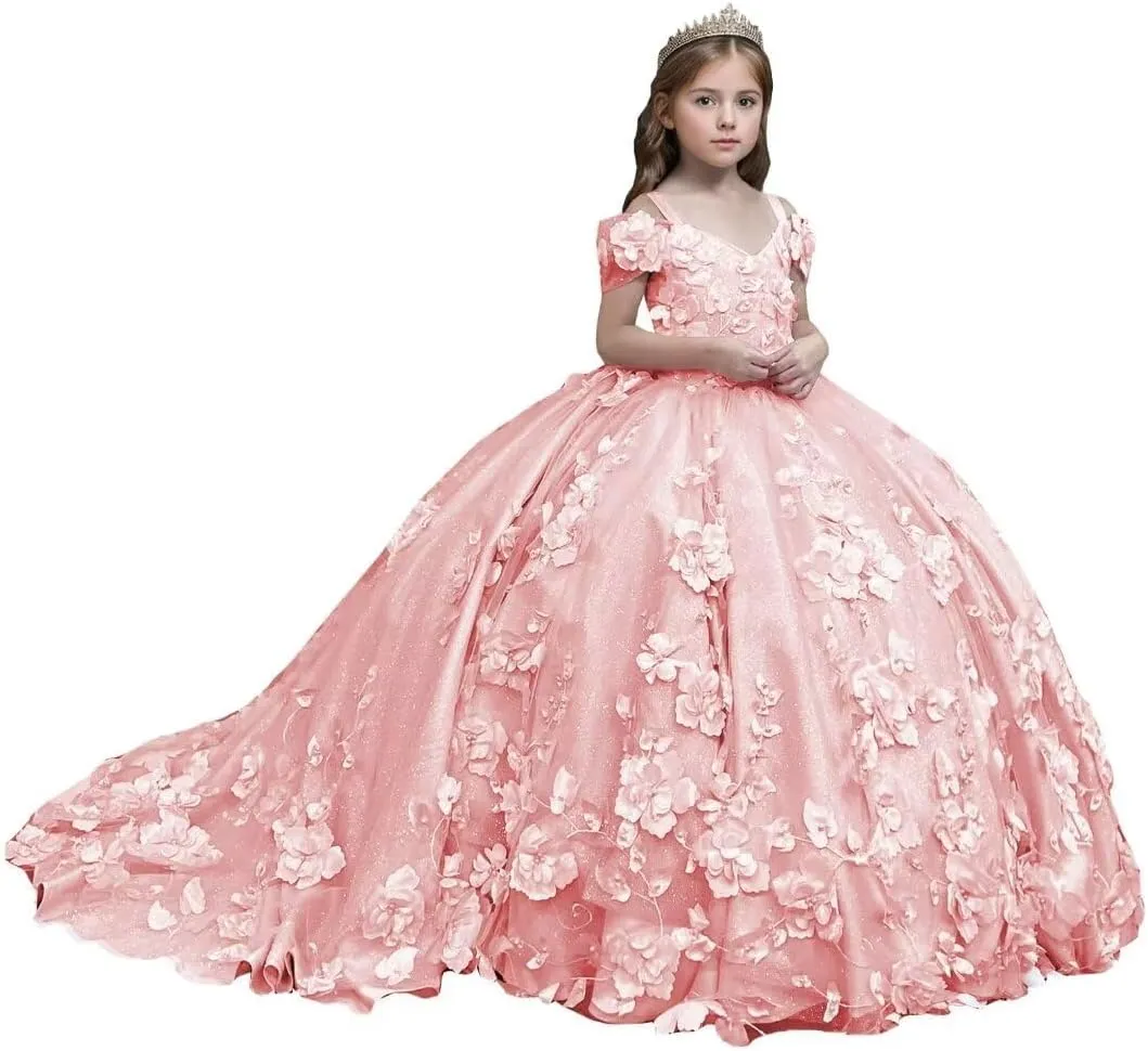 Flower Girl Dresses Off Shoulder Kids Princess Pageant Dress Ball Gown for Girls 3D Floral First Communion Dresses