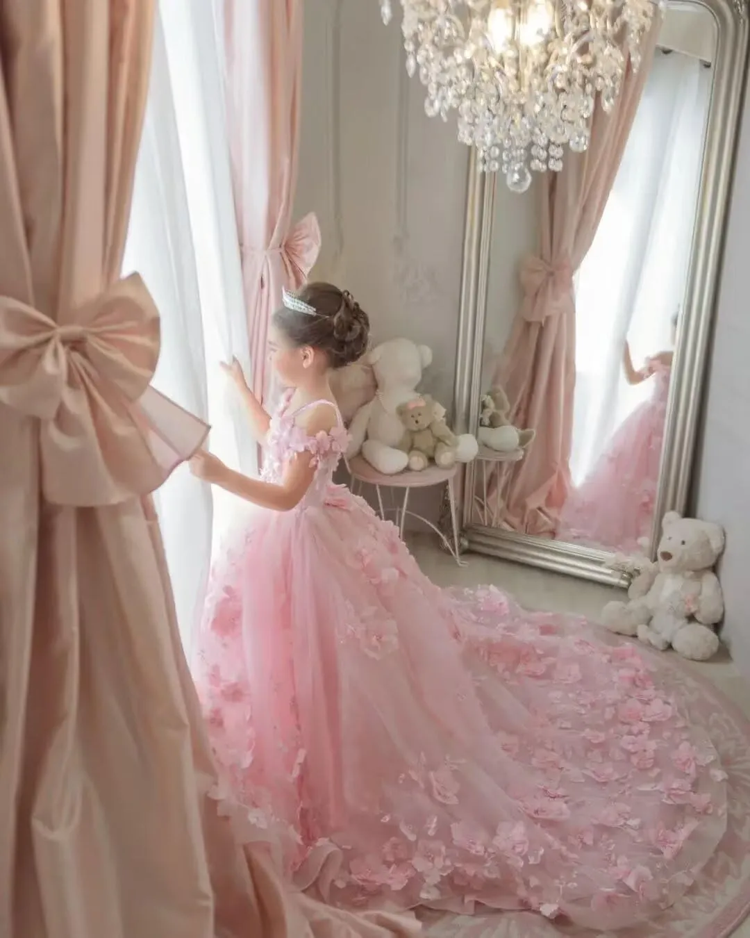Flower Girl Dresses Off Shoulder Kids Princess Pageant Dress Ball Gown for Girls 3D Floral First Communion Dresses