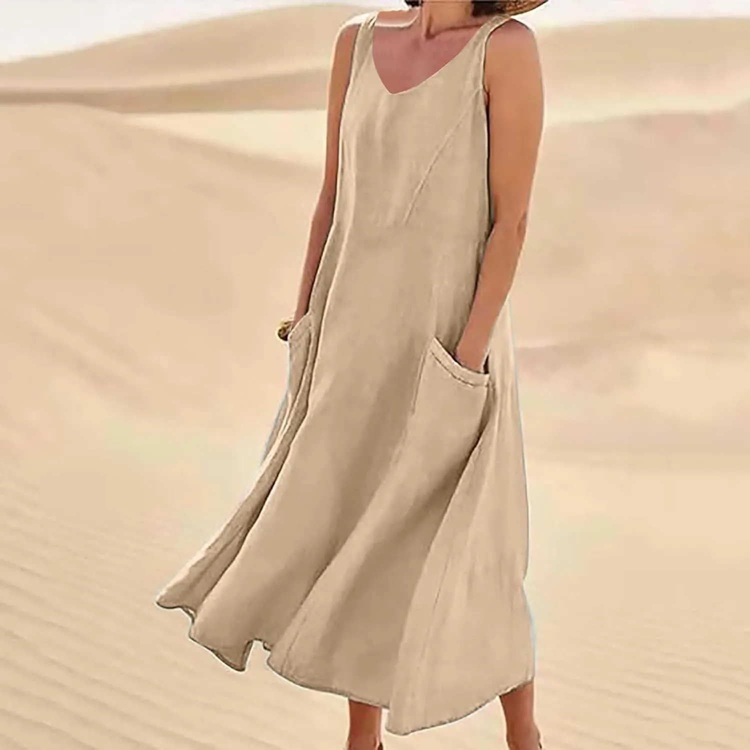Flowy Beach Sundresd Women's Summer Casual Sleeveless Long Maxi Beach Dress Linen Shift Dresses Dresses Plus Size