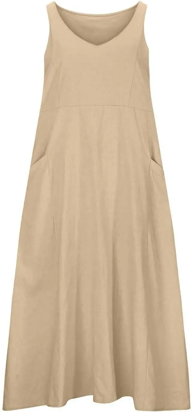 Flowy Beach Sundresd Women's Summer Casual Sleeveless Long Maxi Beach Dress Linen Shift Dresses Dresses Plus Size