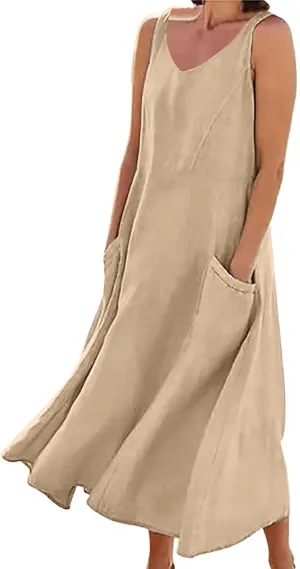Flowy Beach Sundresd Women's Summer Casual Sleeveless Long Maxi Beach Dress Linen Shift Dresses Dresses Plus Size