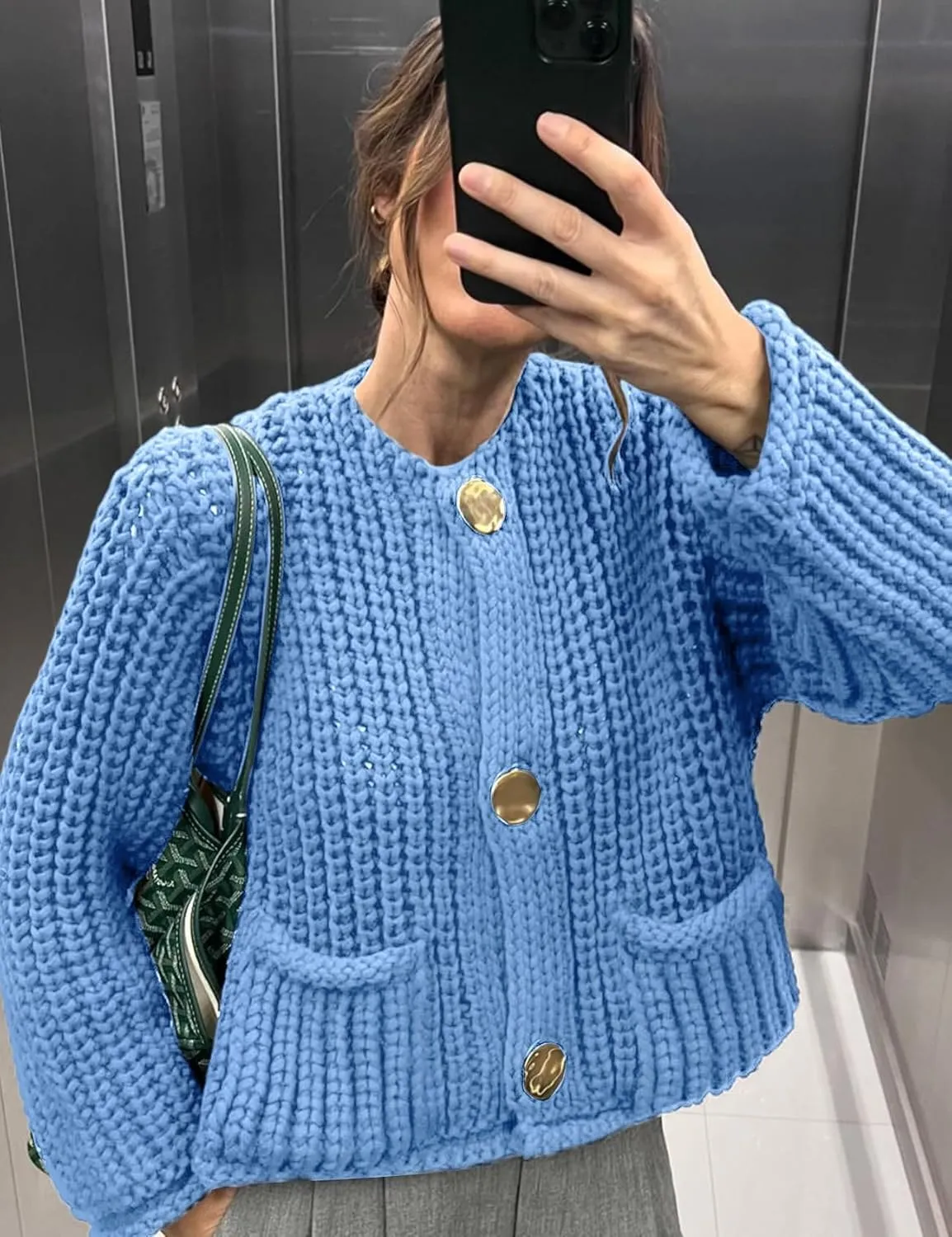 Flygo Cropped Cardigan Sweaters for Women Long Sleeve Cable Knit Cardigan Open Front Chunky Cardigan Sweaters with Pockets