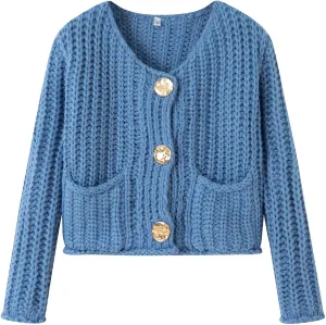 Flygo Cropped Cardigan Sweaters for Women Long Sleeve Cable Knit Cardigan Open Front Chunky Cardigan Sweaters with Pockets