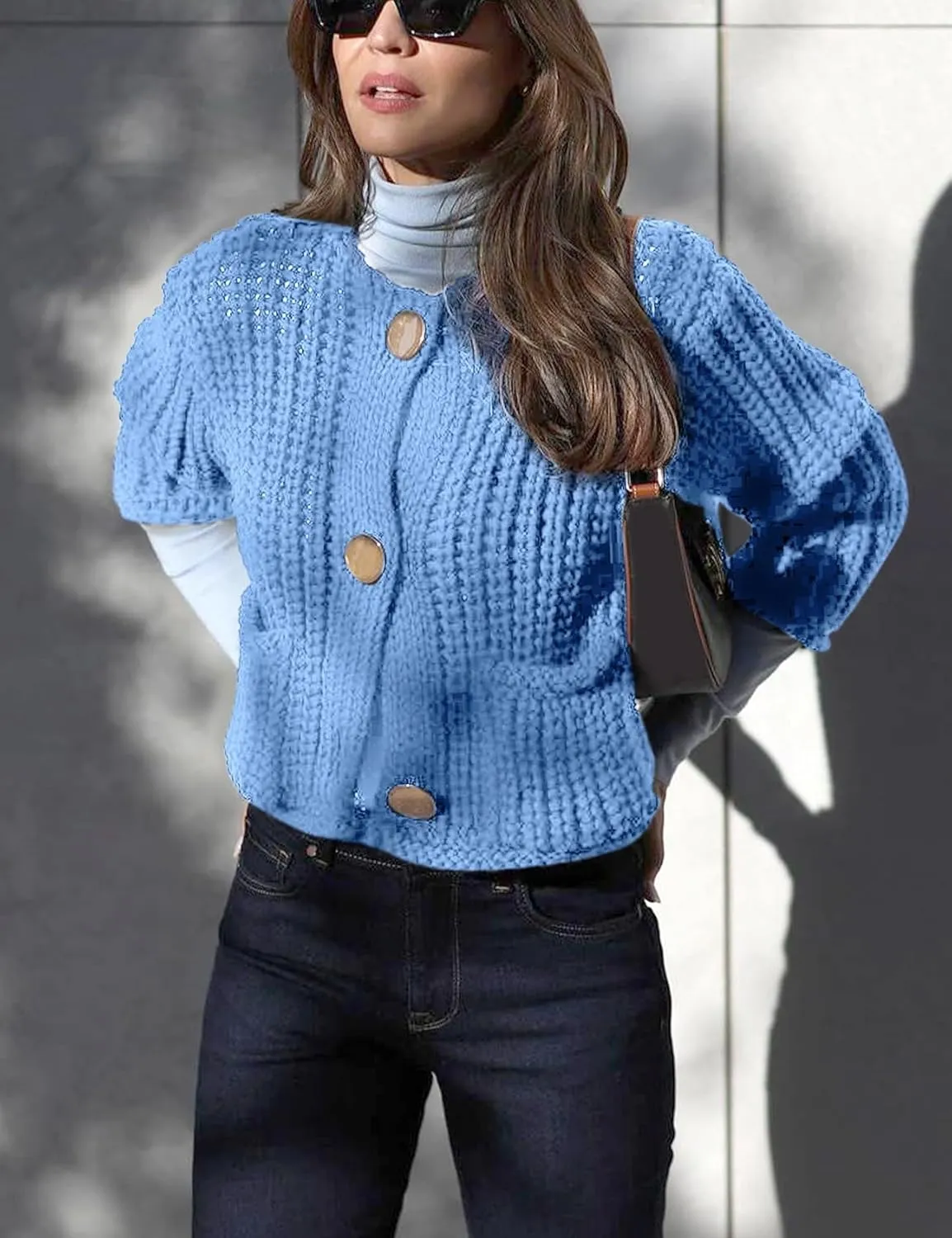 Flygo Cropped Cardigan Sweaters for Women Long Sleeve Cable Knit Cardigan Open Front Chunky Cardigan Sweaters with Pockets