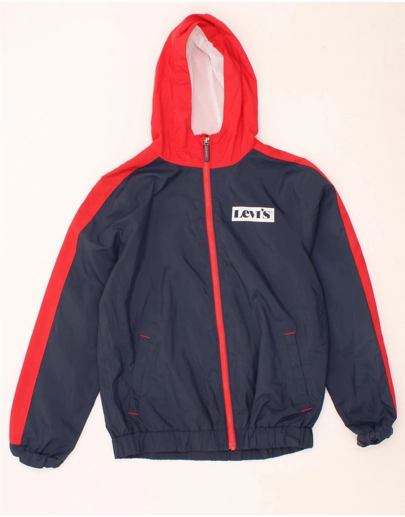 LEVI'S Boys Graphic Hooded Rain Jacket 13-14 Years Navy Blue Colourblock WeightDispersing Padding