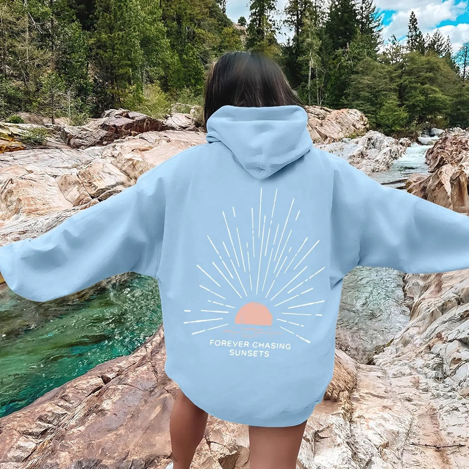 Forever Chasing Sunsets Hoodie for Women Long Sleeve Loose Fit Sweatshirt Casual Comfortable Trendy Sweatshirts