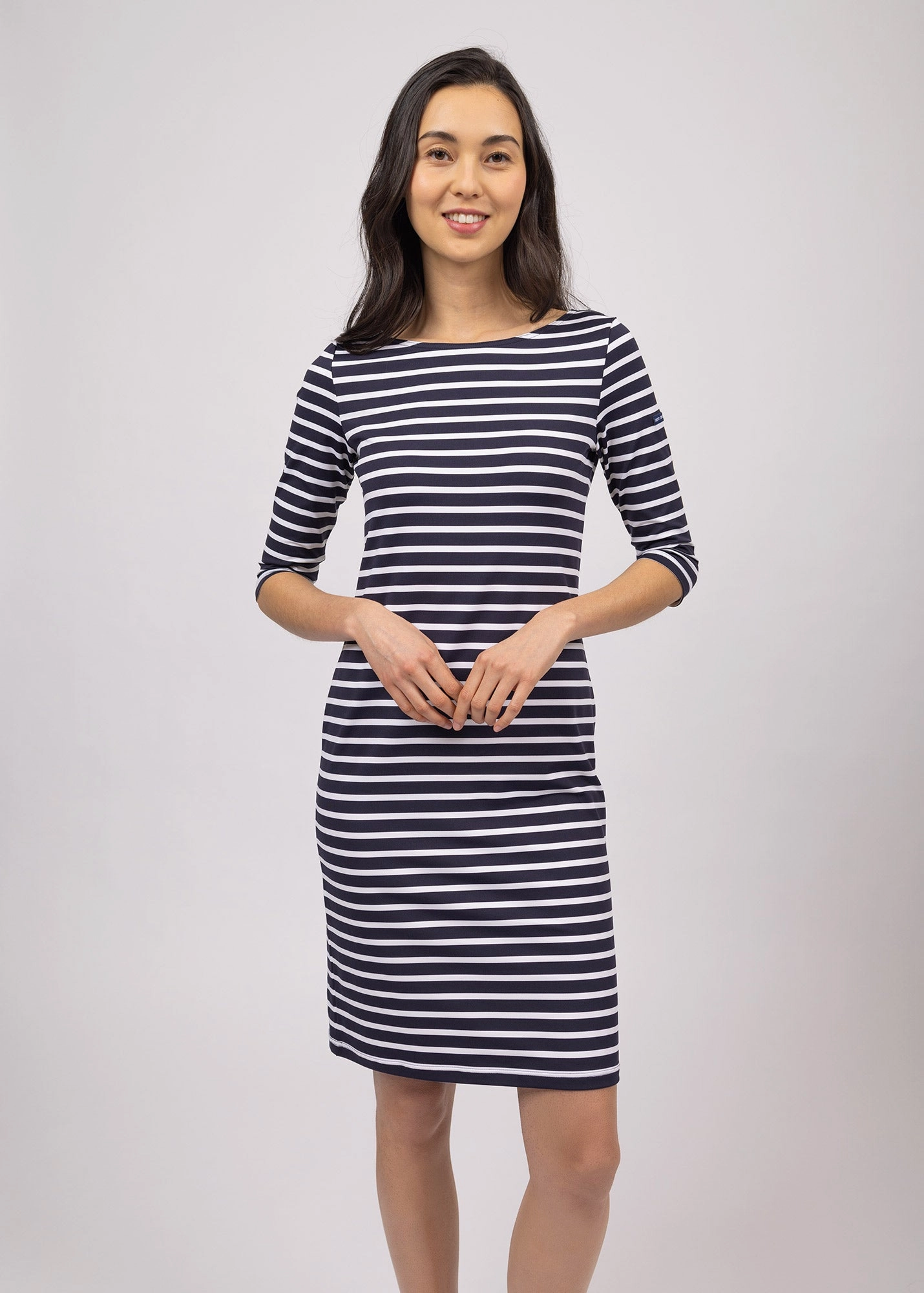 PROPRIANO - Form-Fitting Nautical Stripe Dress | Anti-UV Stretch Fabric (NAVY / WHITE) High Shine