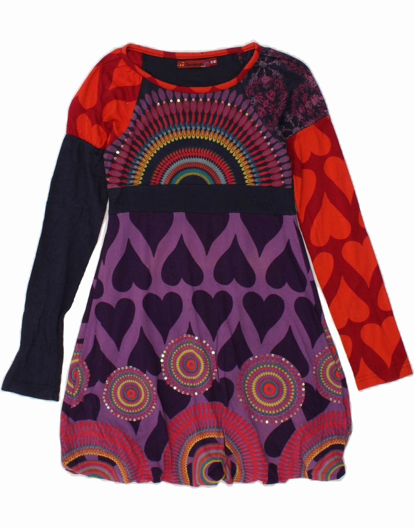 DESIGUAL Girls Long Sleeve A-Line Dress 9-10 Years Multicoloured Cotton Boxy-Style