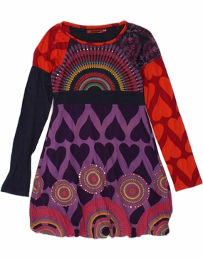 DESIGUAL Girls Long Sleeve A-Line Dress 9-10 Years Multicoloured Cotton Boxy-Style