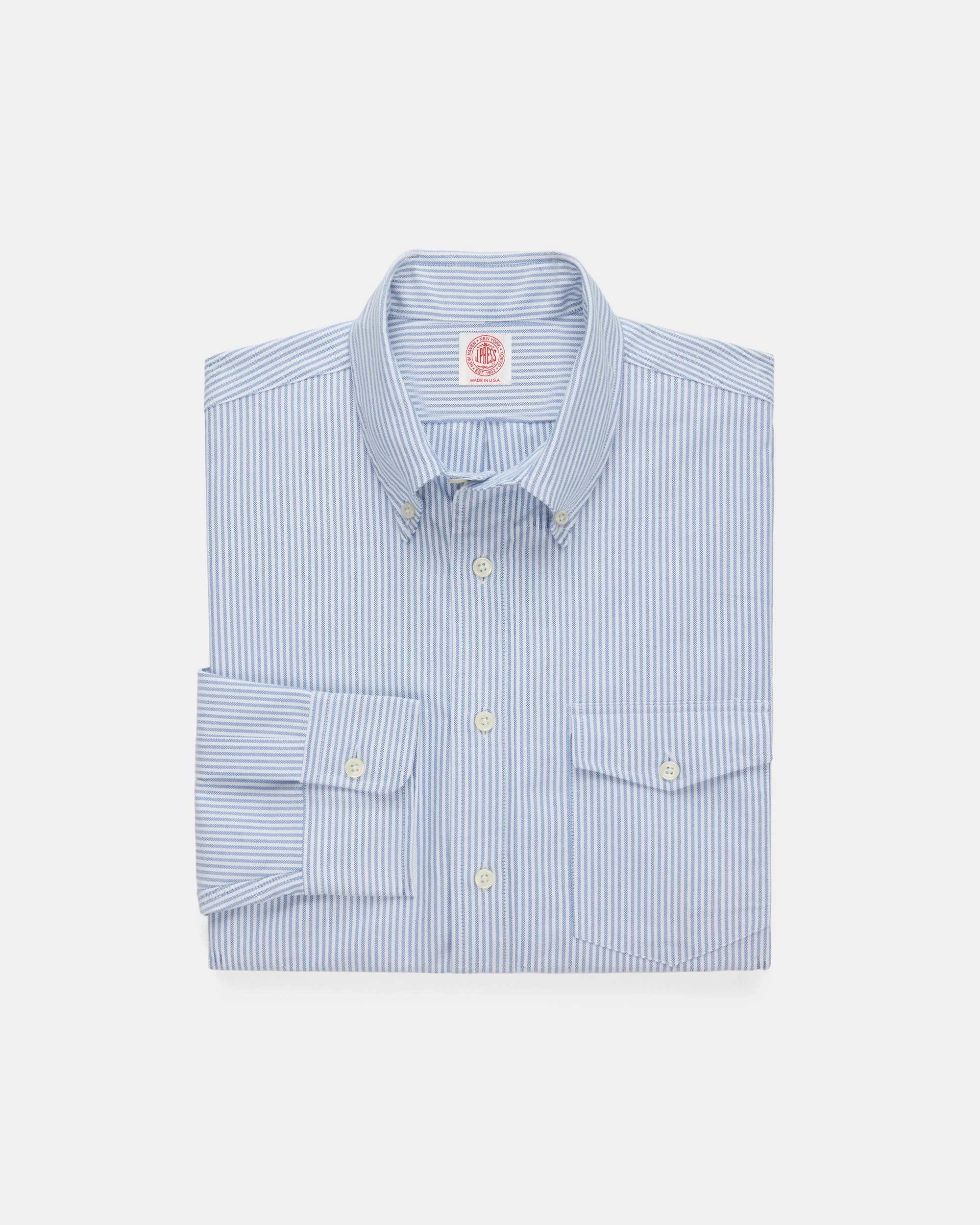 Odor Control Technology Minimalist Style Made-in-USA Flap Pocket Blue University Stripe Oxford Cloth Button Down Shirt - Regular Fit