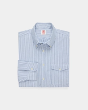 Odor Control Technology Minimalist Style Made-in-USA Flap Pocket Blue University Stripe Oxford Cloth Button Down Shirt - Regular Fit