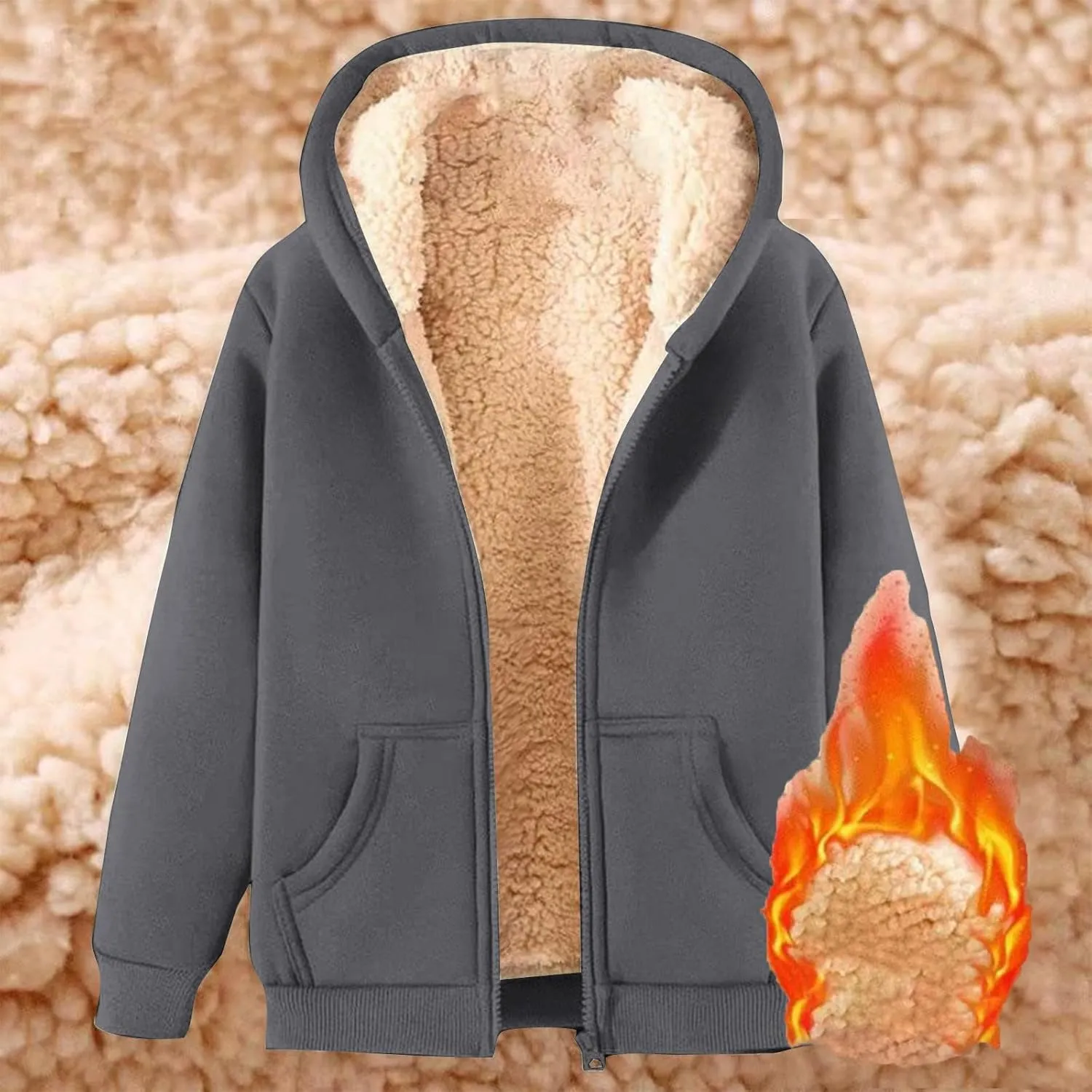Fuzzy Fleece Lined Zip Hoodies for Men Casual Zip Solid Long Sleeve Pullovers Winter Thermal Thickened Jackets Tops