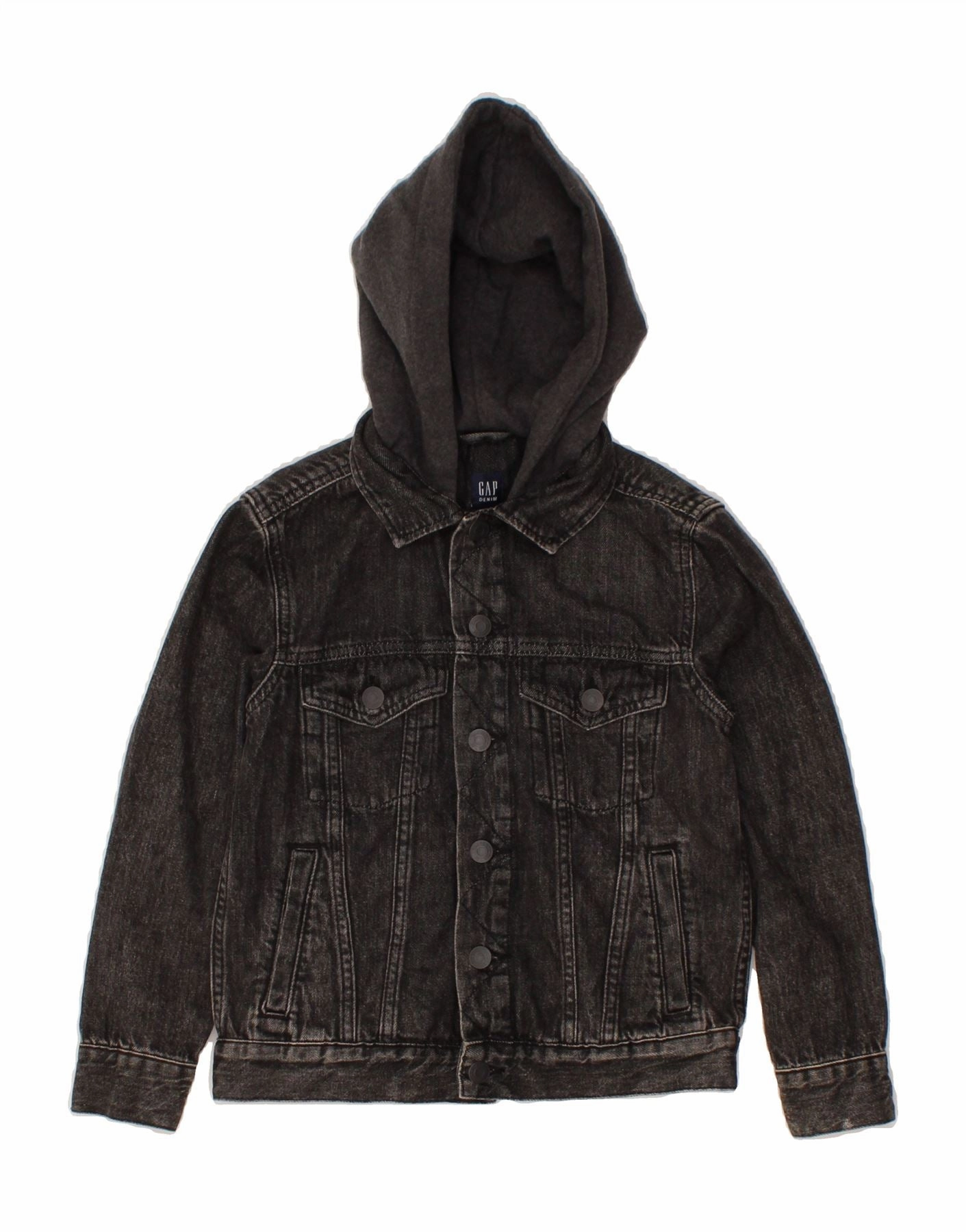 GAP Boys Hooded Denim Jacket 8-9 Years Medium Grey Cotton Moisture Wicking Liner Soft Touch