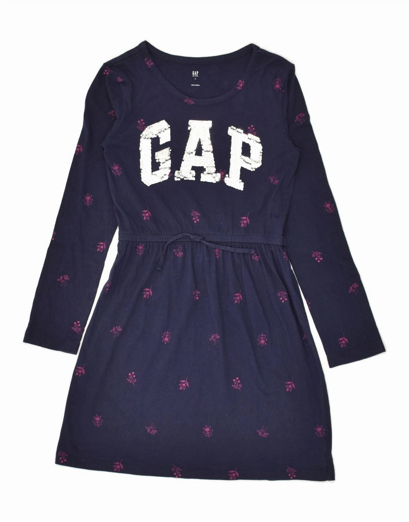 Soft Balance GAP Girls Graphic T-Shirt Dress 10-11 Years Large Navy Blue Floral Cotton