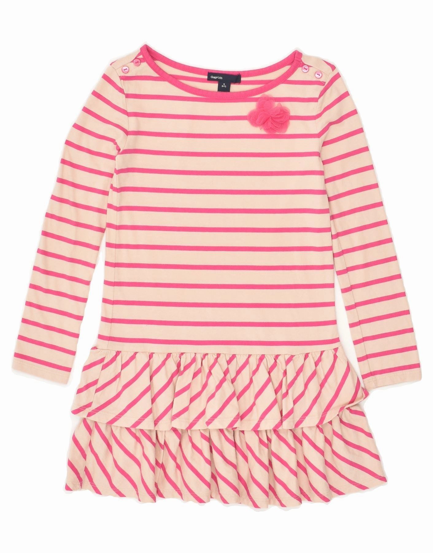 Light Aesthetic GAP Girls Long Sleeve Drop Waist Dress 6-7 Years Small Pink Striped Cotton