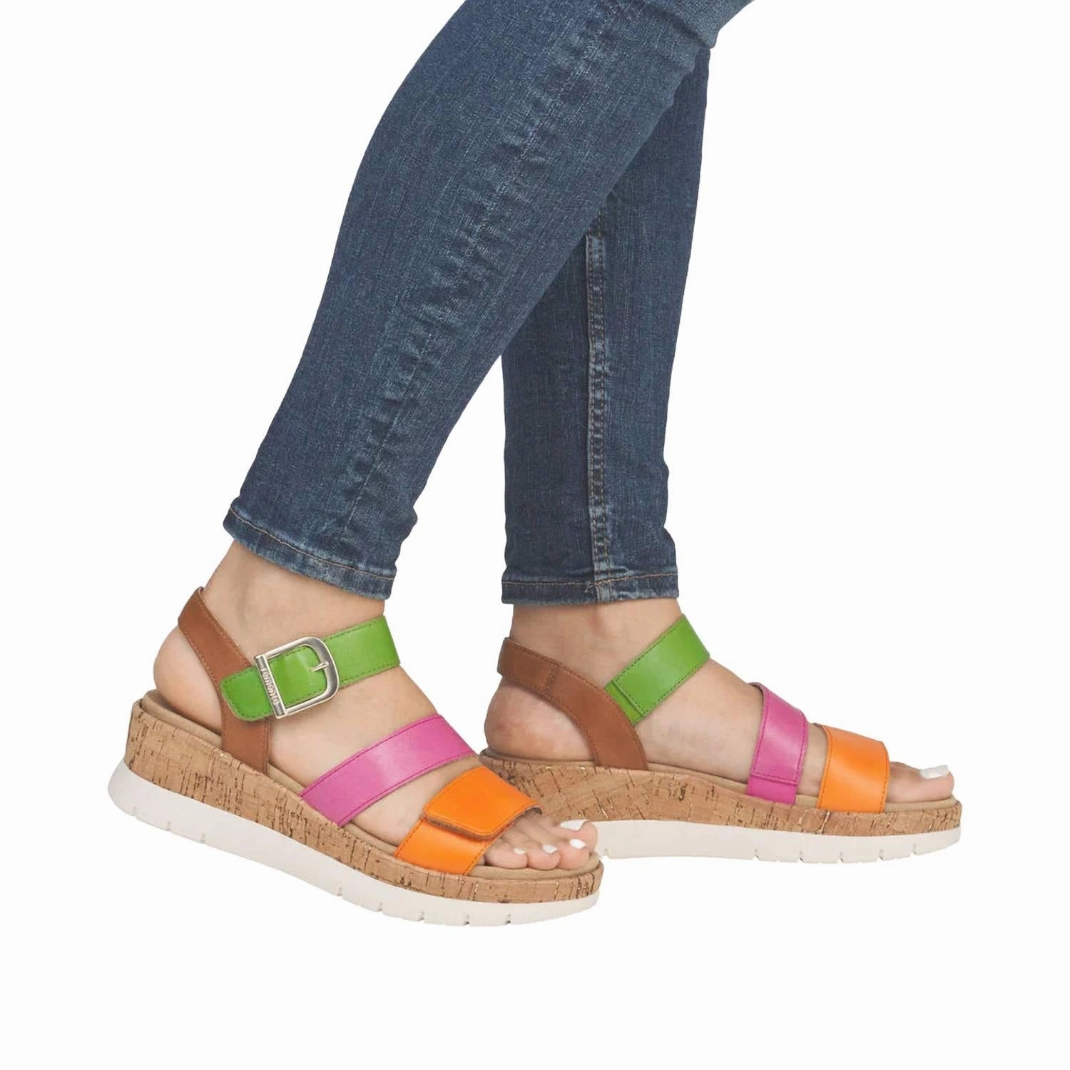 Gizela Tri-Color Leather Wedge Sandal In Orange Pink Green Supportive Form festival look