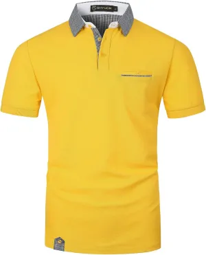 GHYUGR Men's Polo Shirts Short Sleeve Slim Fit Polo Casual Plaid Splice T-Shirts