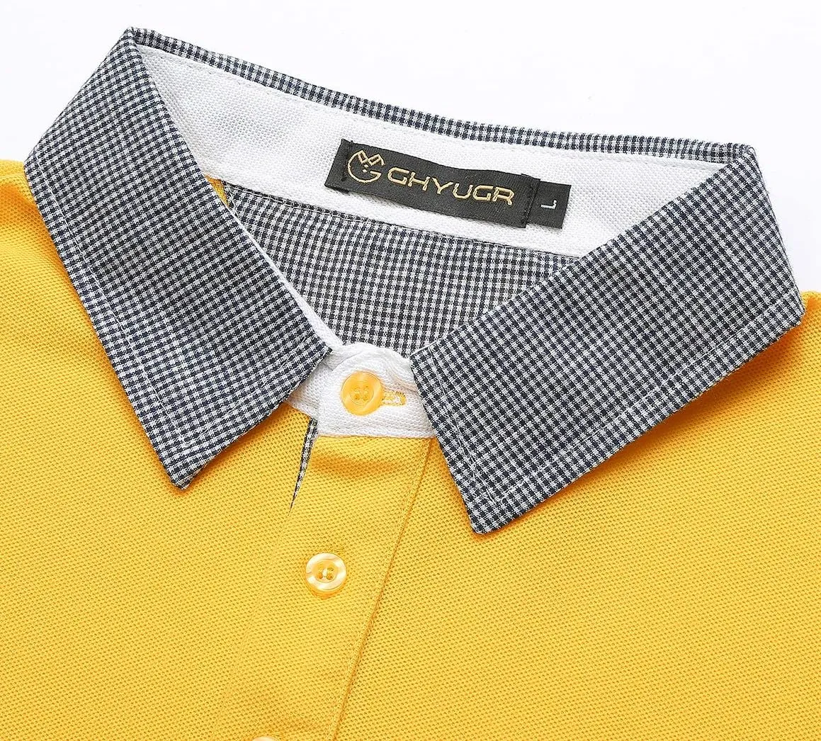 GHYUGR Men's Polo Shirts Short Sleeve Slim Fit Polo Casual Plaid Splice T-Shirts