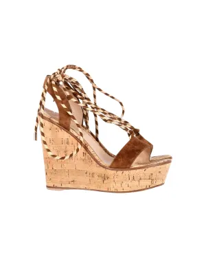Gianvito Rossi Lace-Up Cork Wedge Sandals in Brown Suede Even Pressure