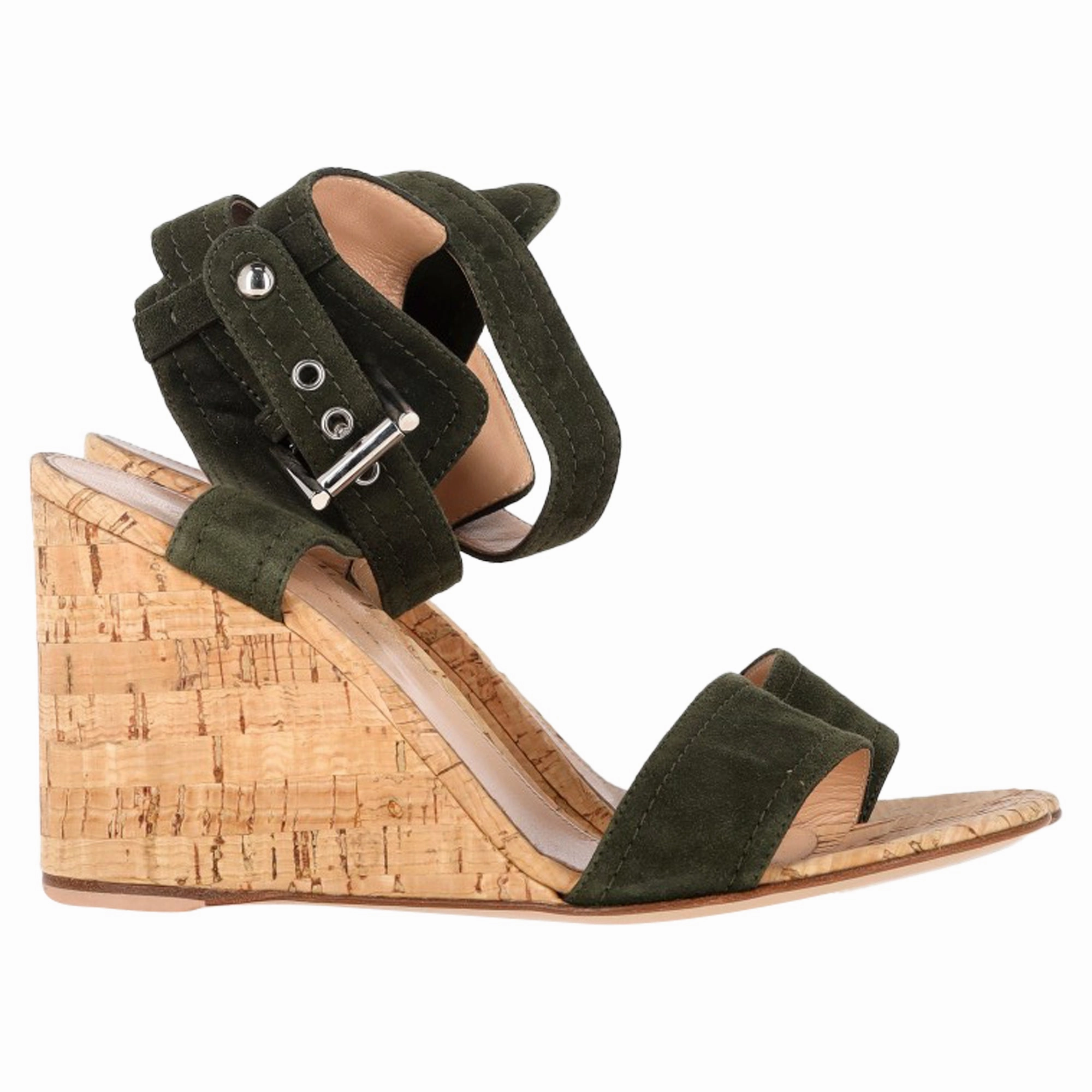 Gianvito Rossi Portofino Wedge in Green Suede Buckle Bold