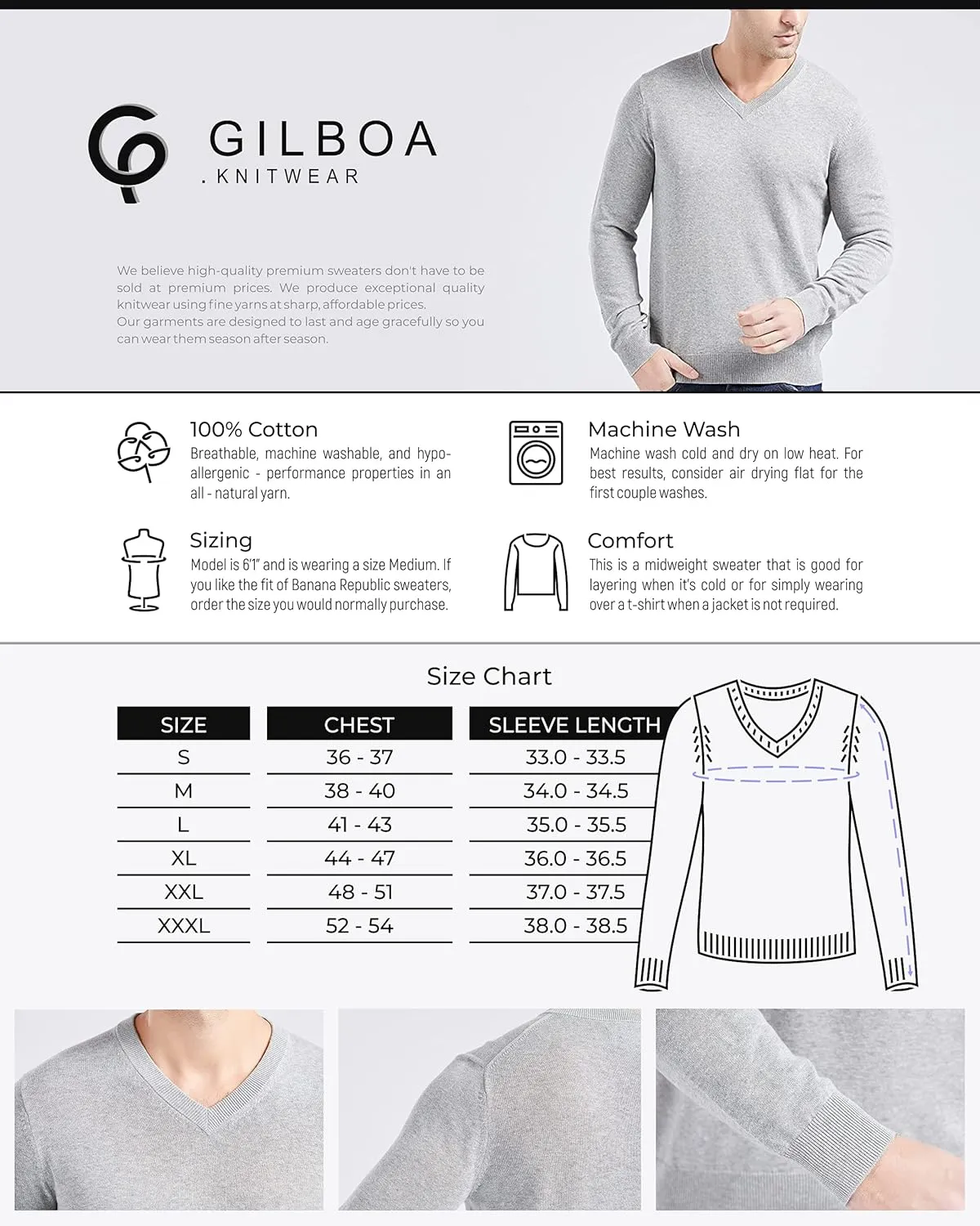 Gilboa - 100% Cotton - V Neck Sweater Men - Sweaters for Men - Black V Neck Sweaters for Men - Pullover Men V Neck - Sueter