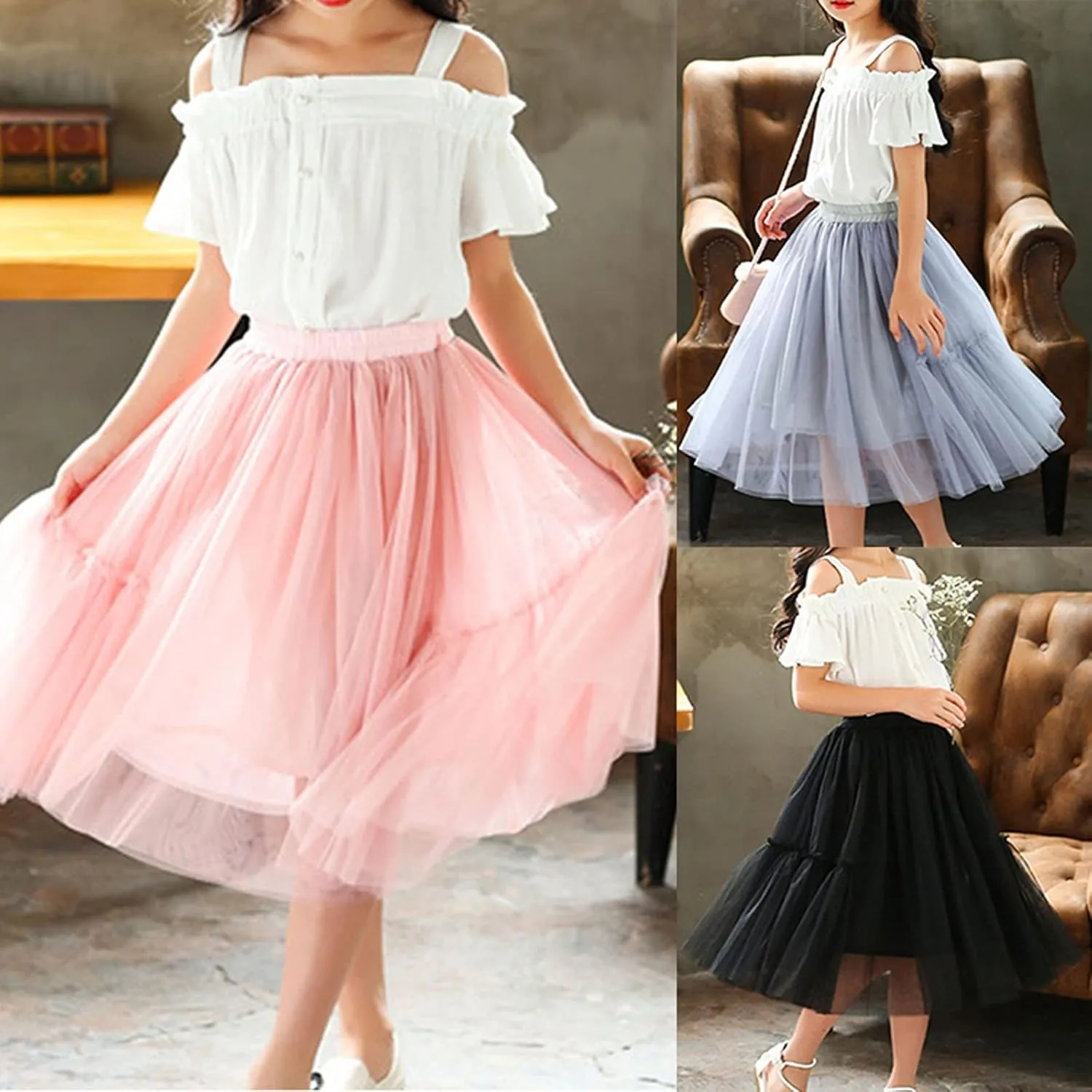 Girls Flower Power Dress Little Child Girls Long Skirt Girls Tiered Ruffle Maxi Skirts Girls Soft Fluffy Skirt