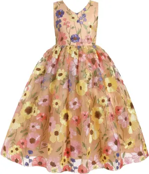 Girls Mesh Flower Embroidered Dress Illusion Tulle Mesh Embroidery Dress for Girls Flower Girls Dresses for Wedding Birthday