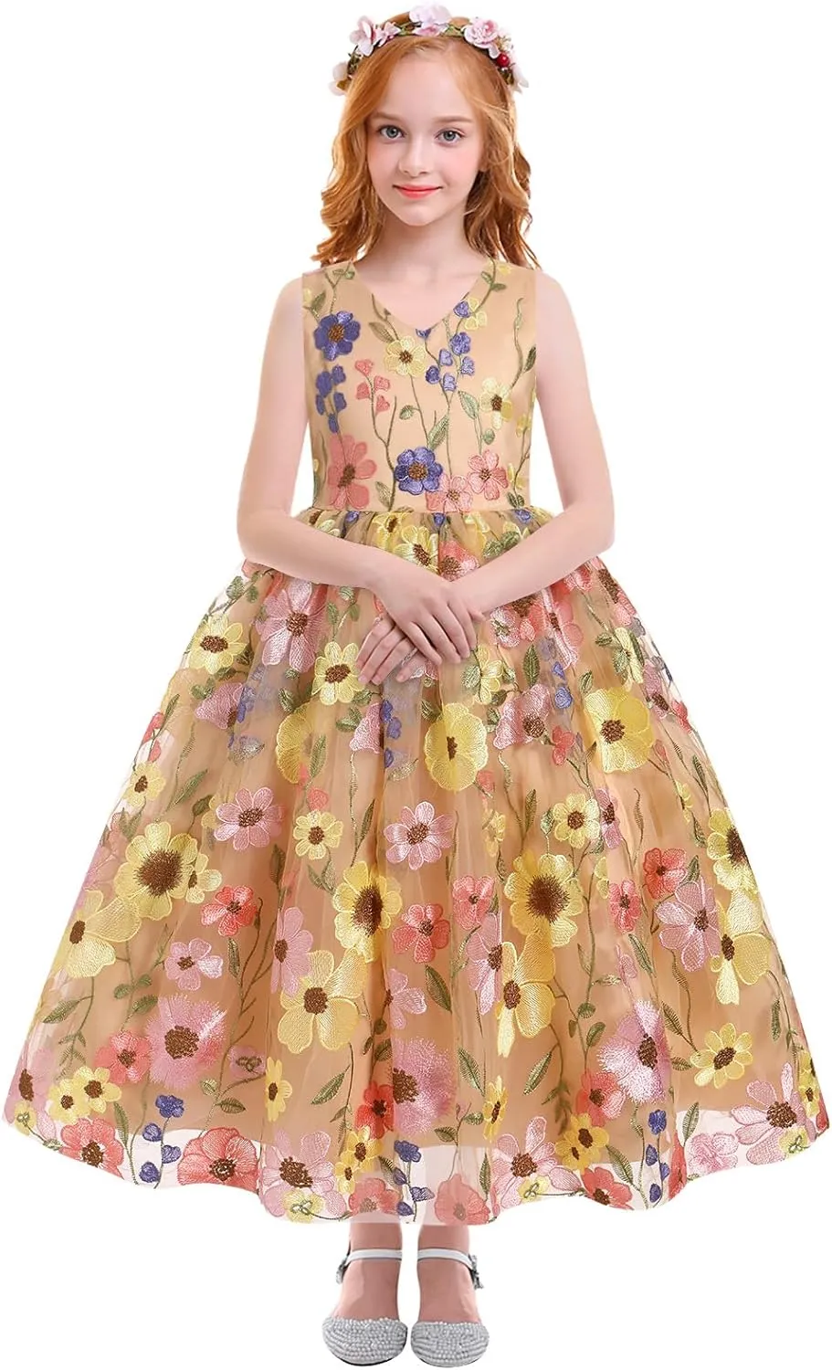 Girls Mesh Flower Embroidered Dress Illusion Tulle Mesh Embroidery Dress for Girls Flower Girls Dresses for Wedding Birthday