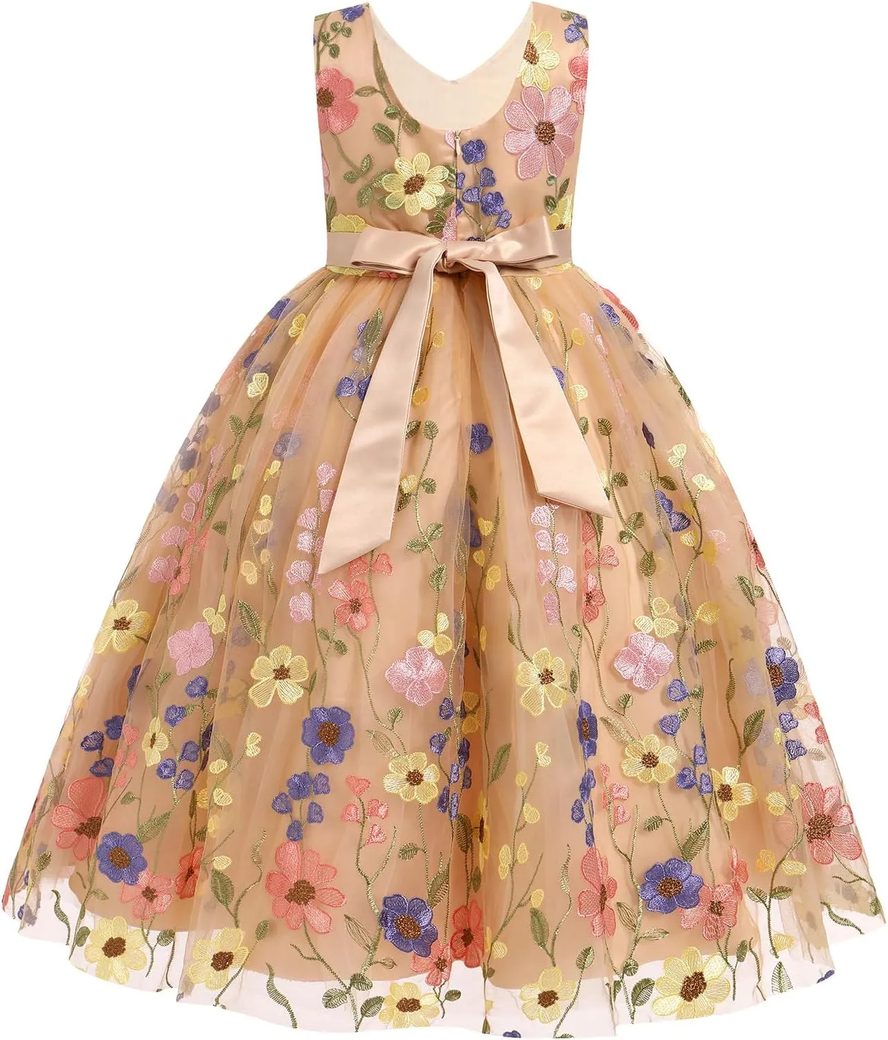 Girls Mesh Flower Embroidered Dress Illusion Tulle Mesh Embroidery Dress for Girls Flower Girls Dresses for Wedding Birthday