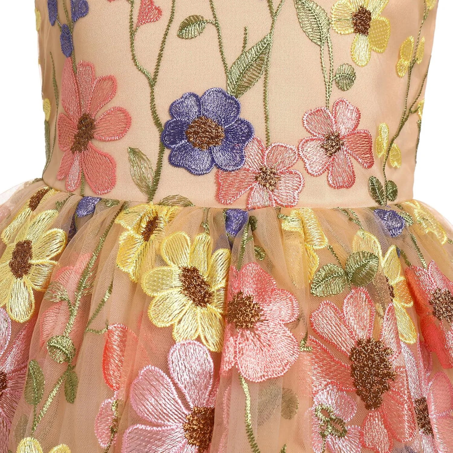 Girls Mesh Flower Embroidered Dress Illusion Tulle Mesh Embroidery Dress for Girls Flower Girls Dresses for Wedding Birthday