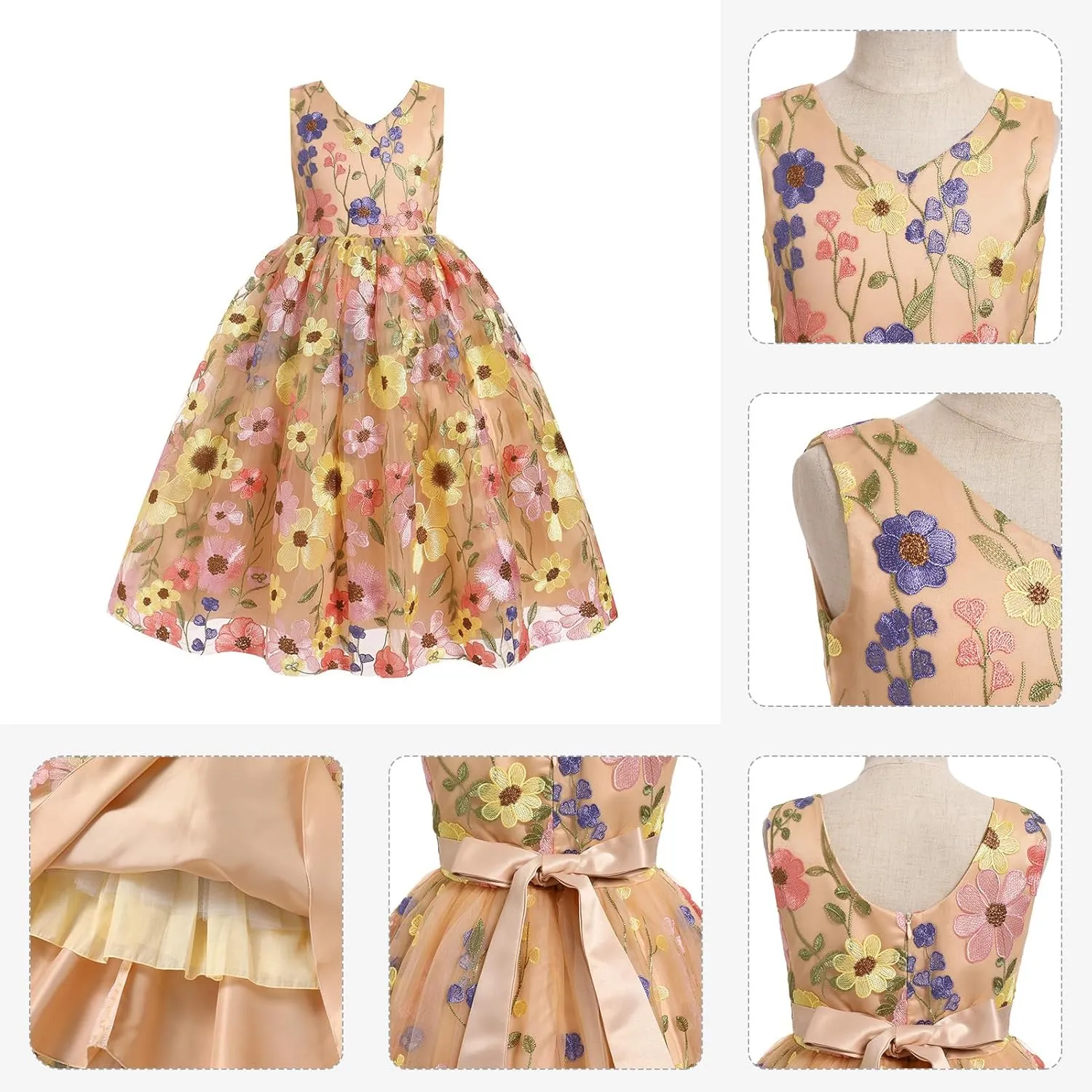 Girls Mesh Flower Embroidered Dress Illusion Tulle Mesh Embroidery Dress for Girls Flower Girls Dresses for Wedding Birthday