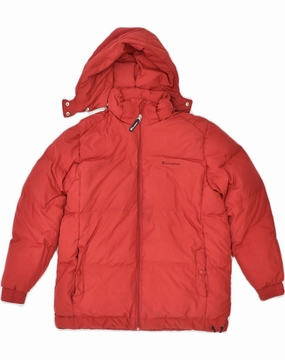 CHAMPION Boys Hooded Padded Jacket 13-14 Years XL Red Polyester Slide Strap Waistband Aim