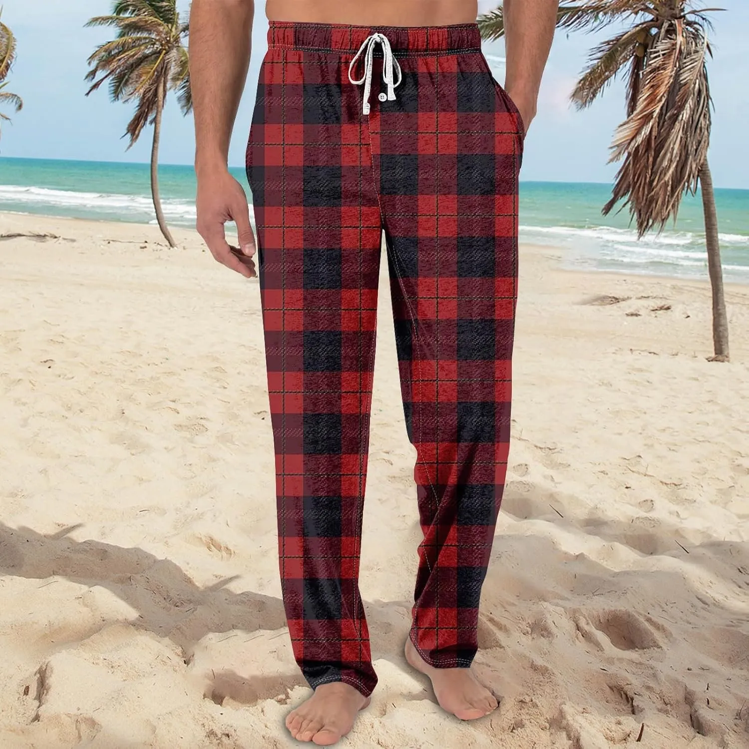 GOFULY Mens Pajama Pants Baggy Plaid Pajamas Pj Pants Elastic Waist Drawstring Knit Pants 2024 Sleepwear Pants With Pockets
