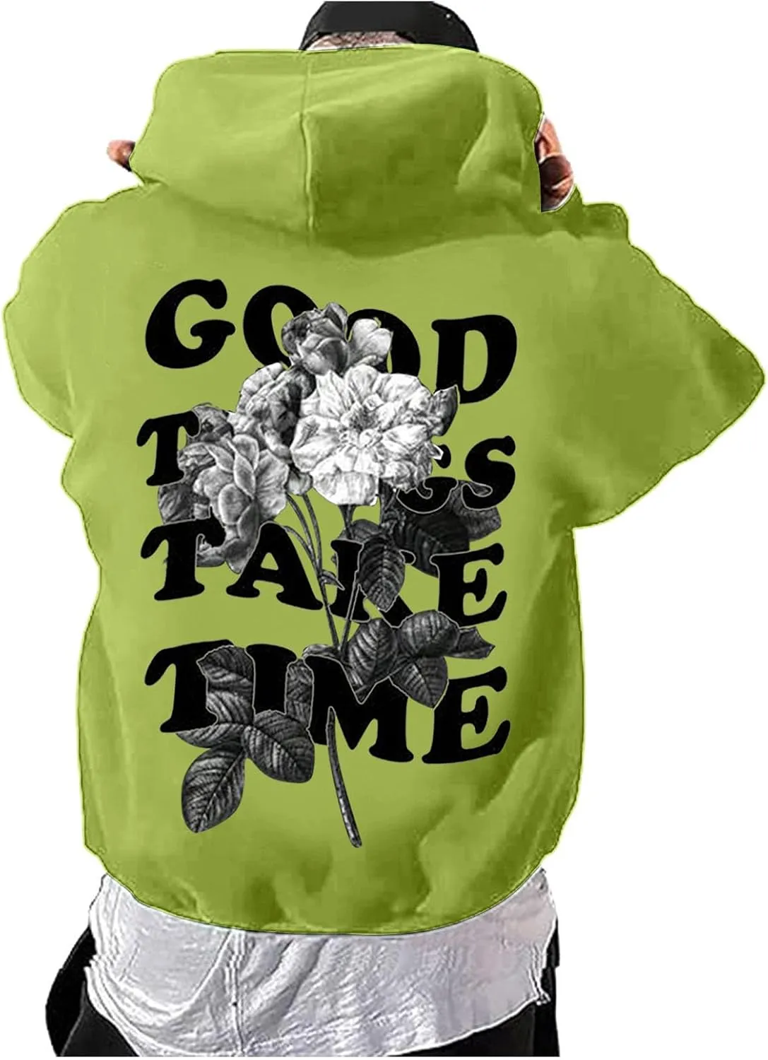 Good Things Take Time & Rose Shape Graphic Hoodie for Men Long Sleeve Y2K Hooded Pullover Tops Oversized Comfort Hoodies