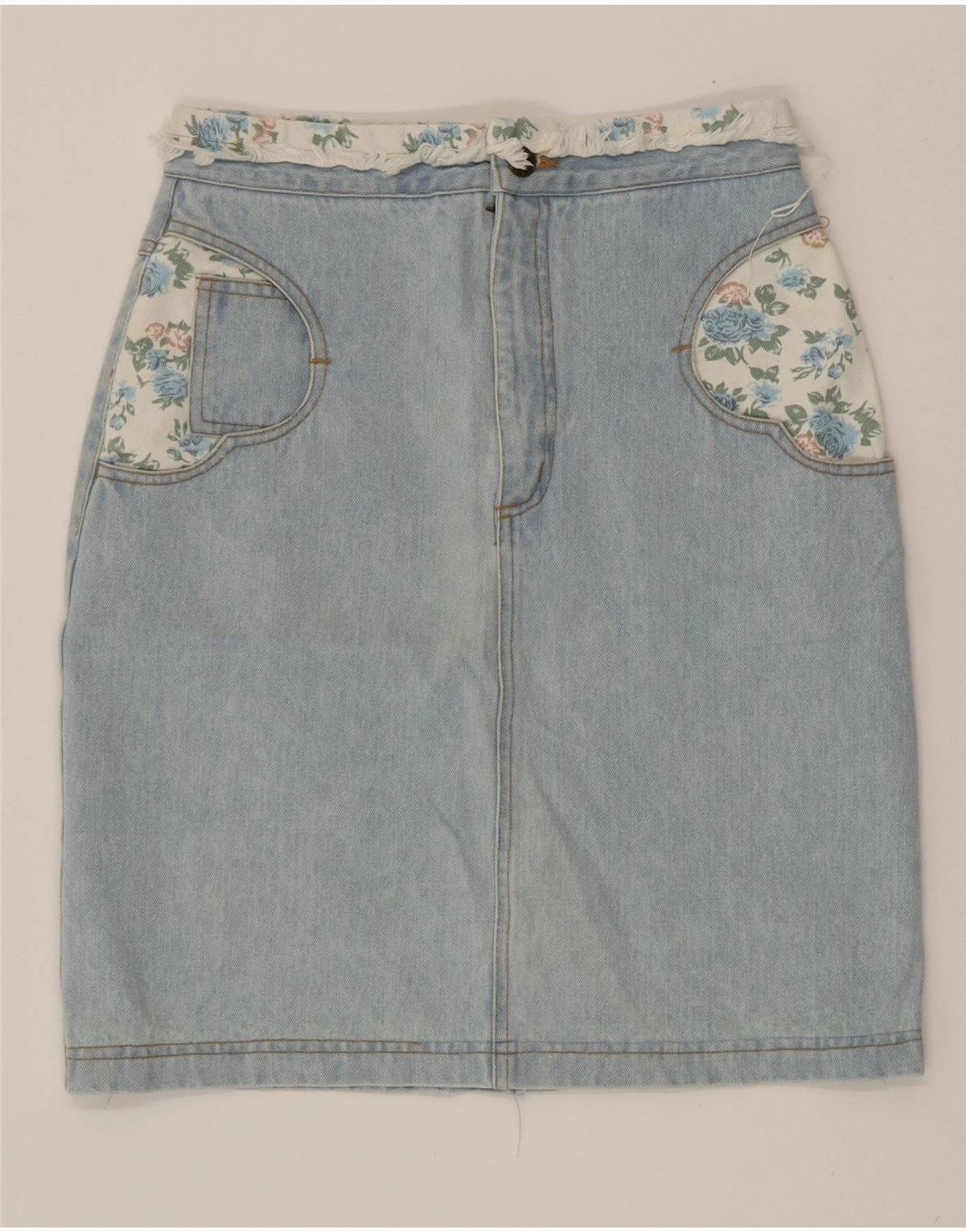 Interchangeable-Detail Timeless Beauty VINTAGE Girls Denim Skirt 14-15 Years W26 Blue Floral Cotton