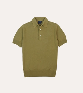 Green Knitted Crepe Cotton Short-Sleeve Polo Shirt DoubleLayered Hem Technology Interlock Knit Structure