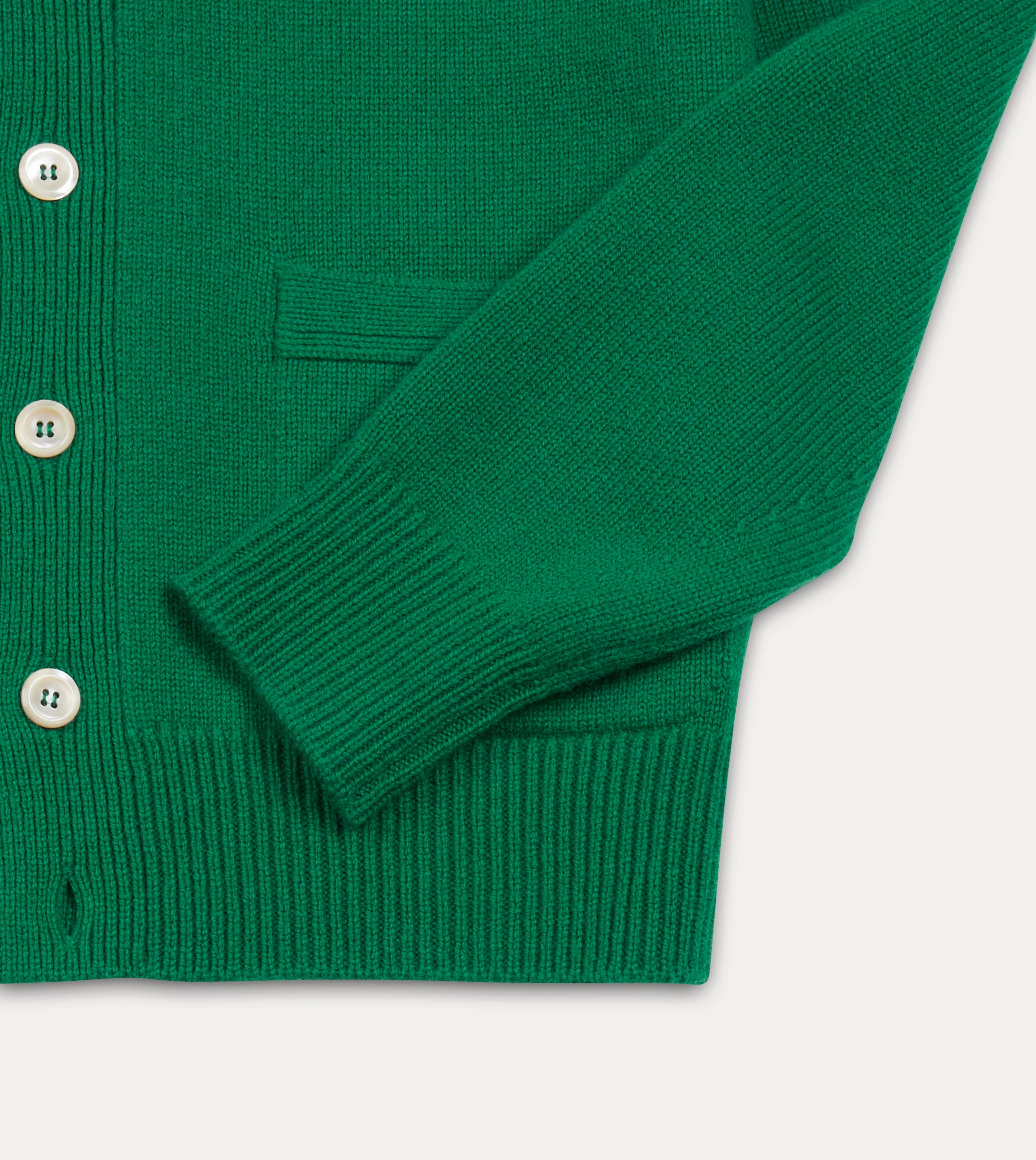 Ventilation Panel Reinforced Hemline Green Lambswool 6 Button Cardigan