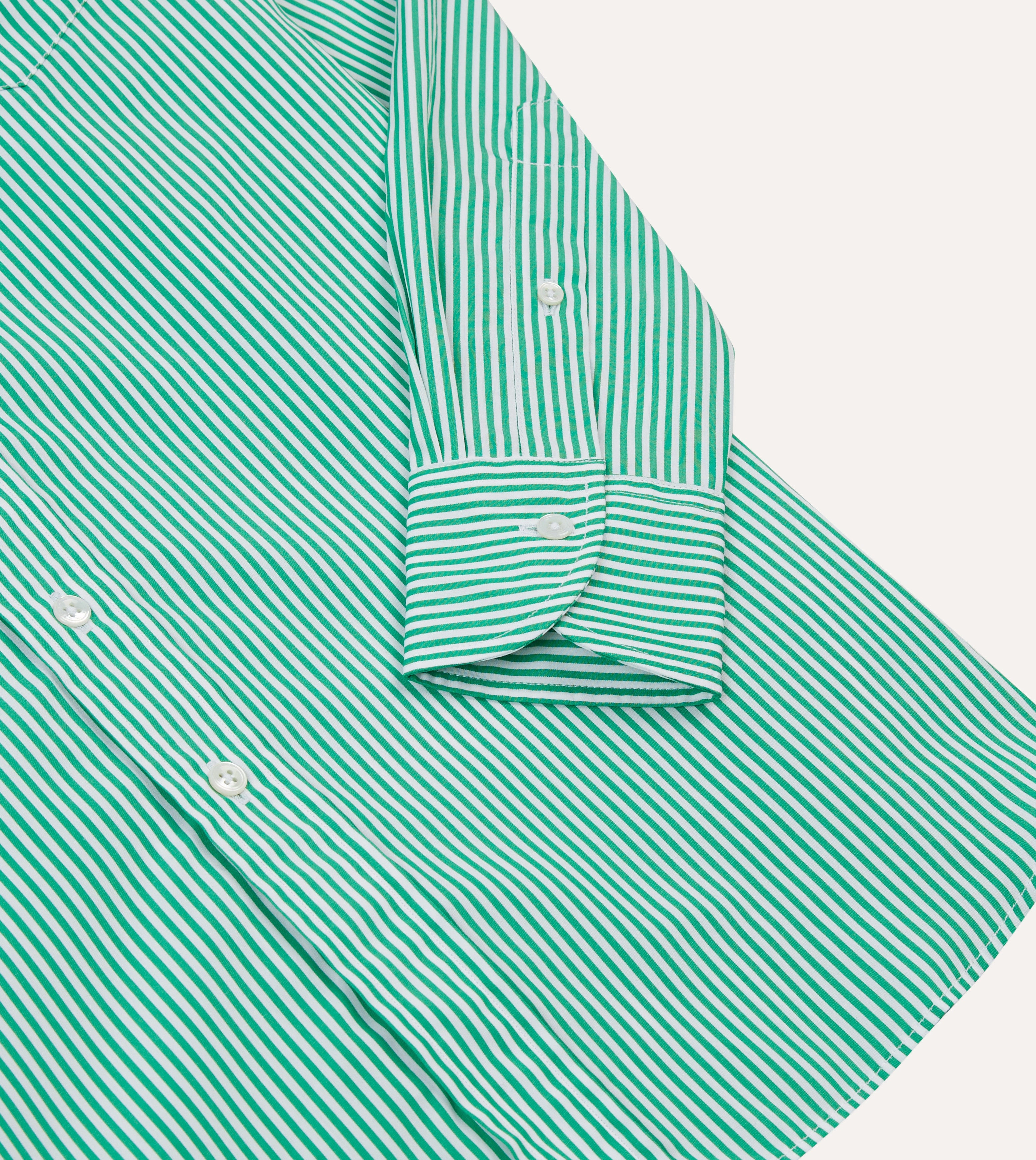 Adjustable Hem Green Narrow Stripe Cotton Poplin Button-Down Shirt
