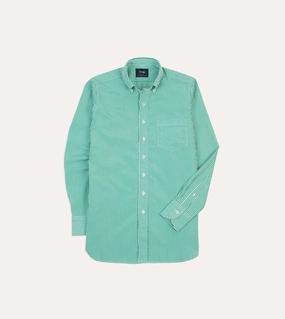 Multi Pocket Design gender-neutral Green Narrow Stripe Cotton Poplin Button-Down Shirt