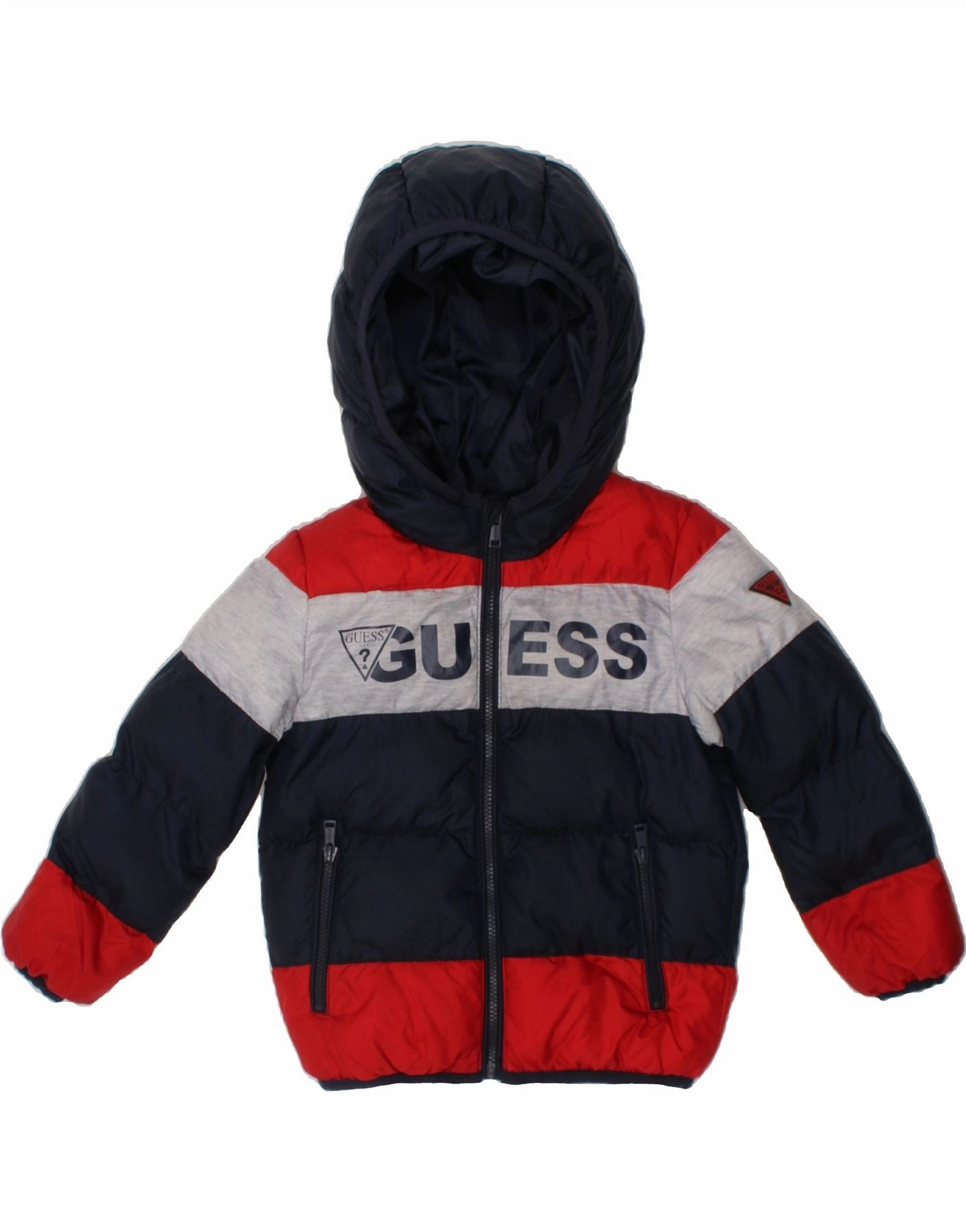 Smart Wear Modern Utility GUESS Boys Graphic Hooded Padded Jacket 2-3 Years Navy Blue Colourblock
