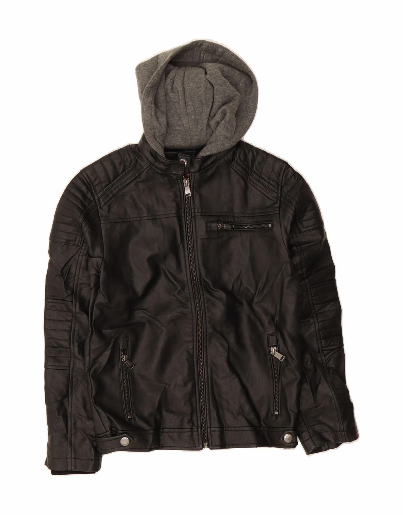 GUESS Boys Hooded Faux Leather Jacket 13-14 Years Black Polyurethane Date night