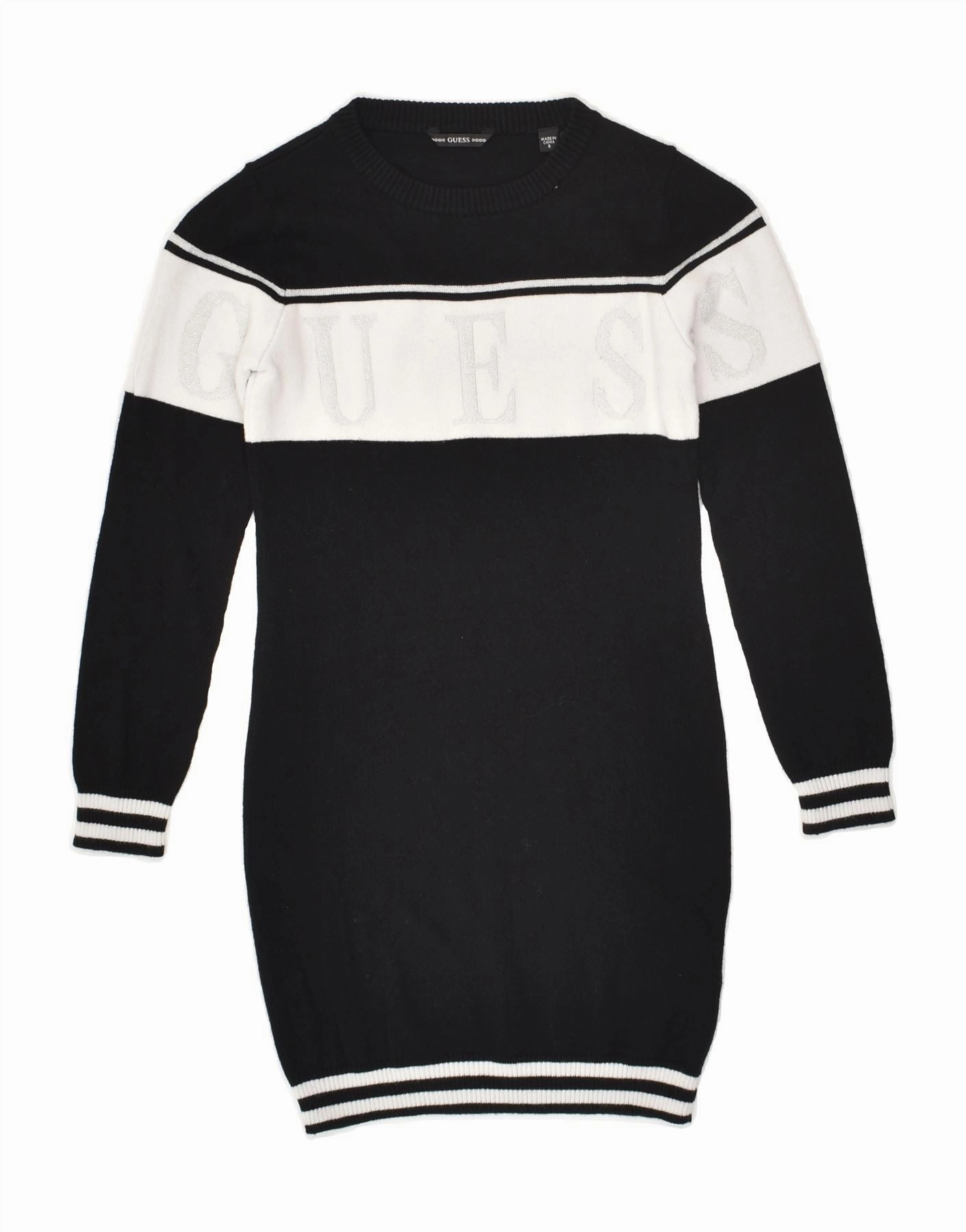GUESS Girls Graphic Jumper Dress 7-8 Years Black Colourblock Cotton Seasonal piece Chic Spirit