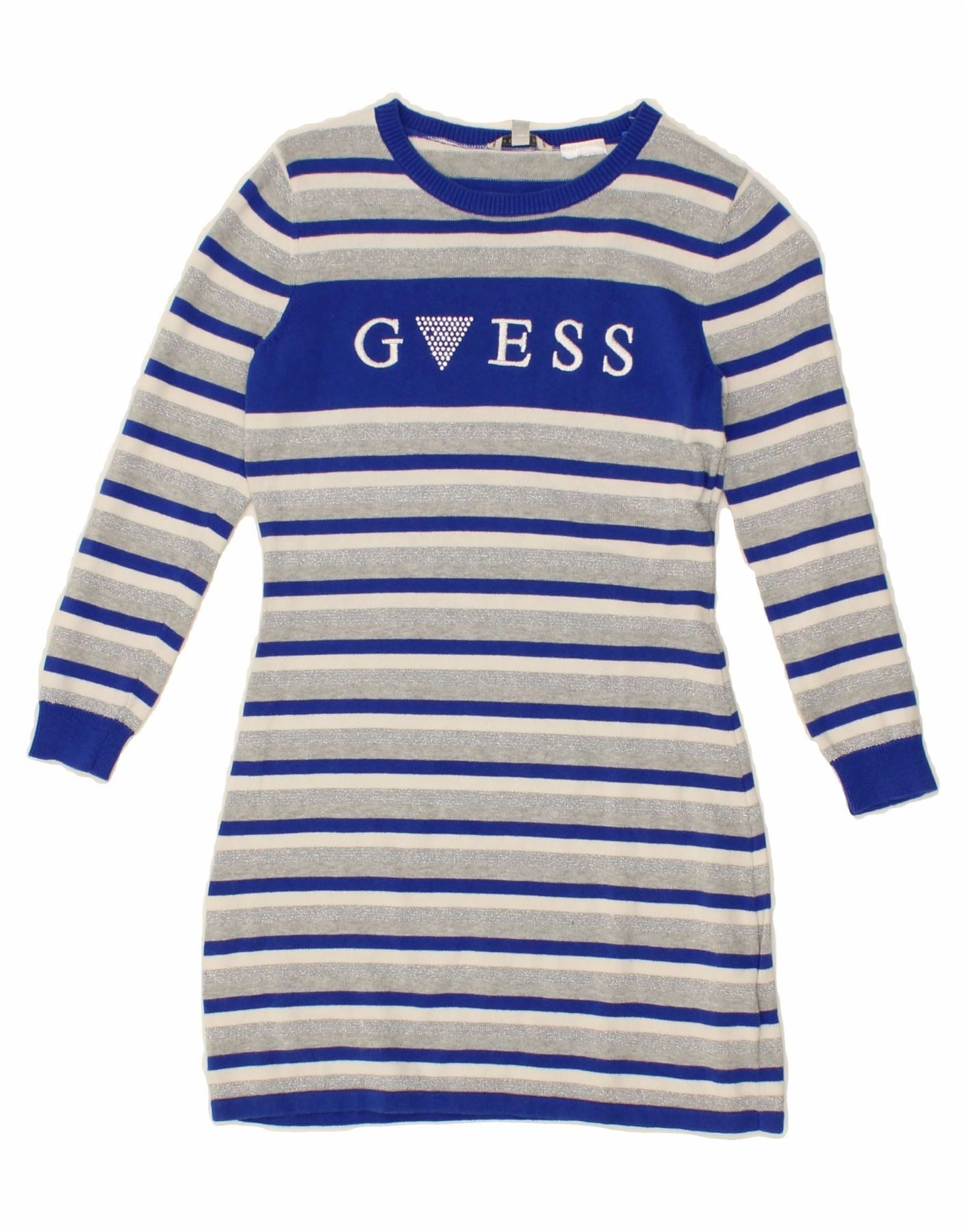 GUESS Girls Graphic Jumper Dress 9-10 Years Grey Striped Cotton Airy Touch Crinkle Effect